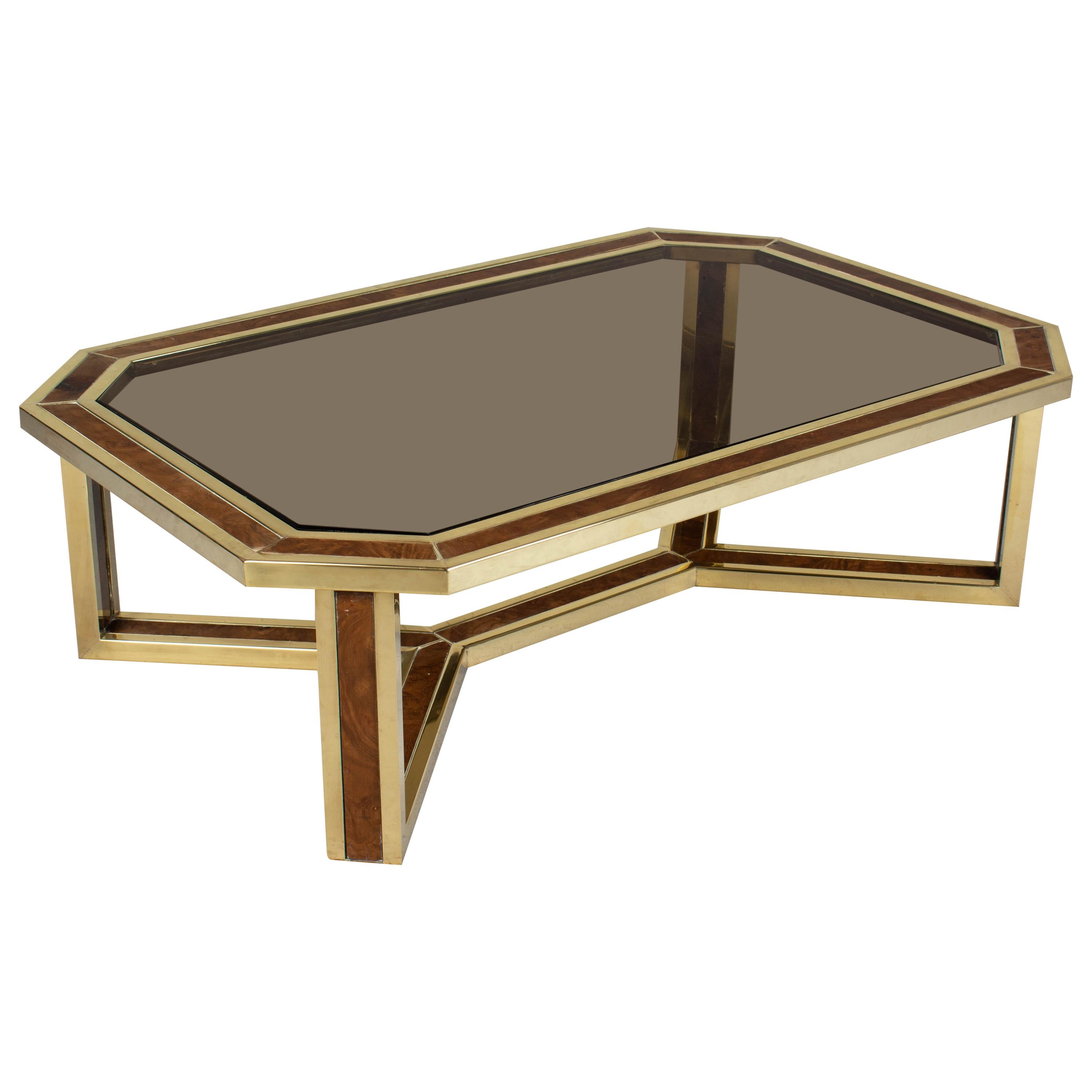 French Brass and Burl Smoked Glass Coffee Table