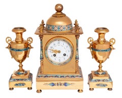 French Brass and Champleve Enamel Clock Set, 3