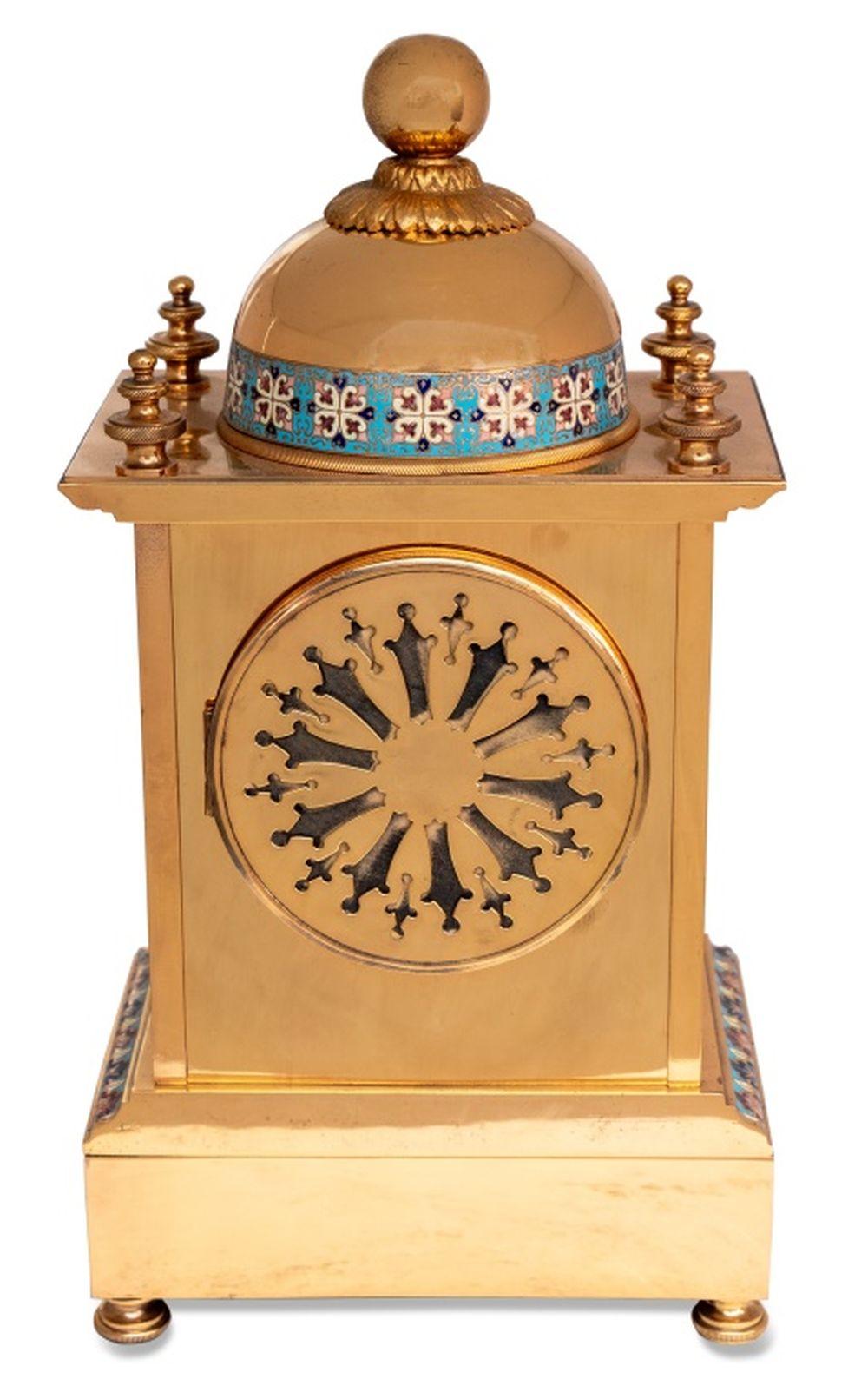 French Brass and Champleve Enamel Clock Set, 3 In Good Condition For Sale In Astoria, NY