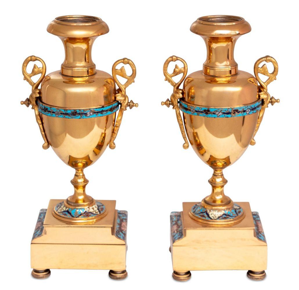 20th Century French Brass and Champleve Enamel Clock Set, 3 For Sale