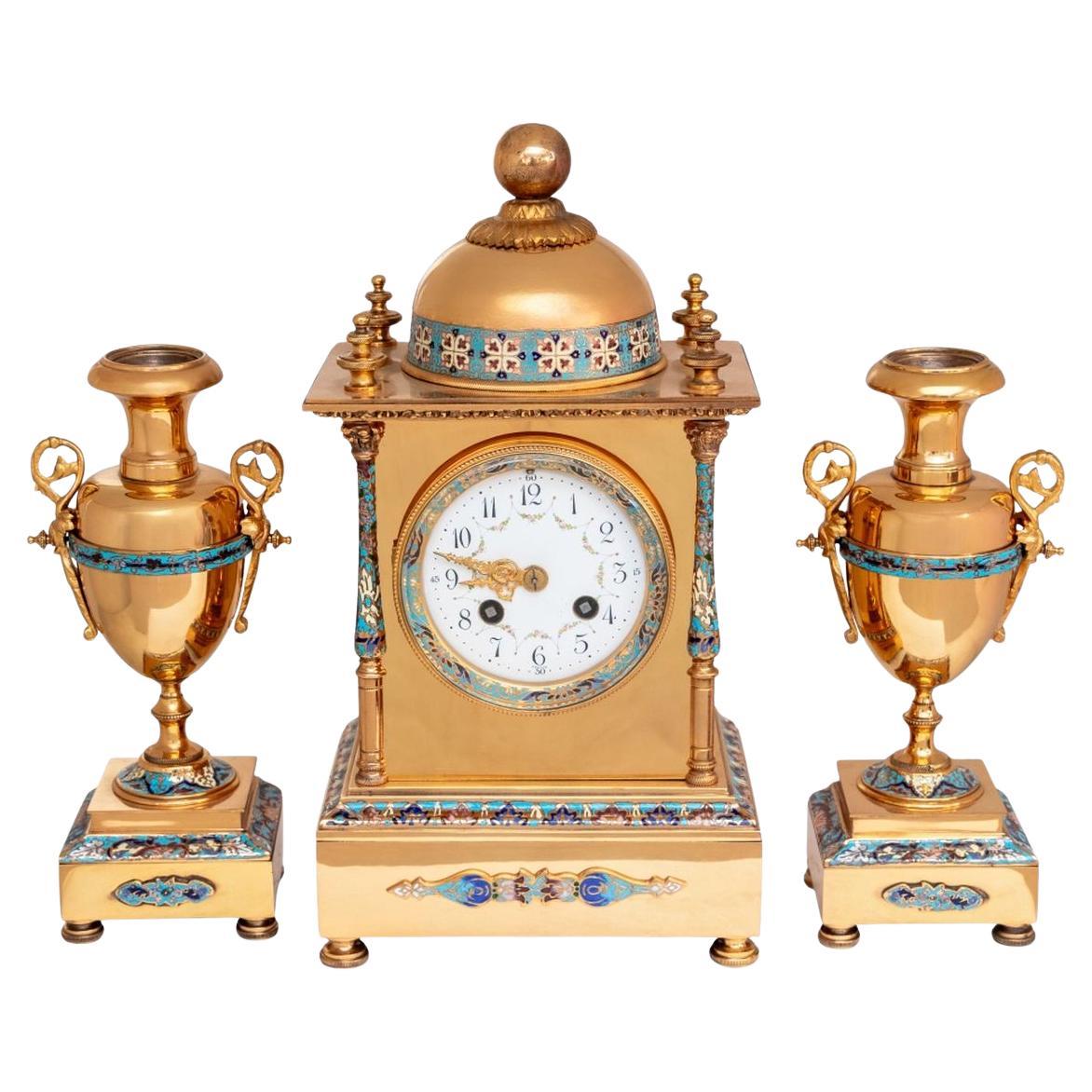 French Brass and Champleve Enamel Clock Set, 3 For Sale