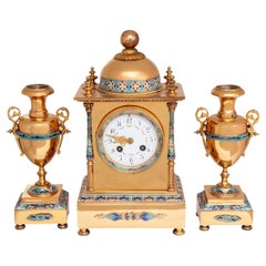 French Brass and Champleve Enamel Clock Set, 3