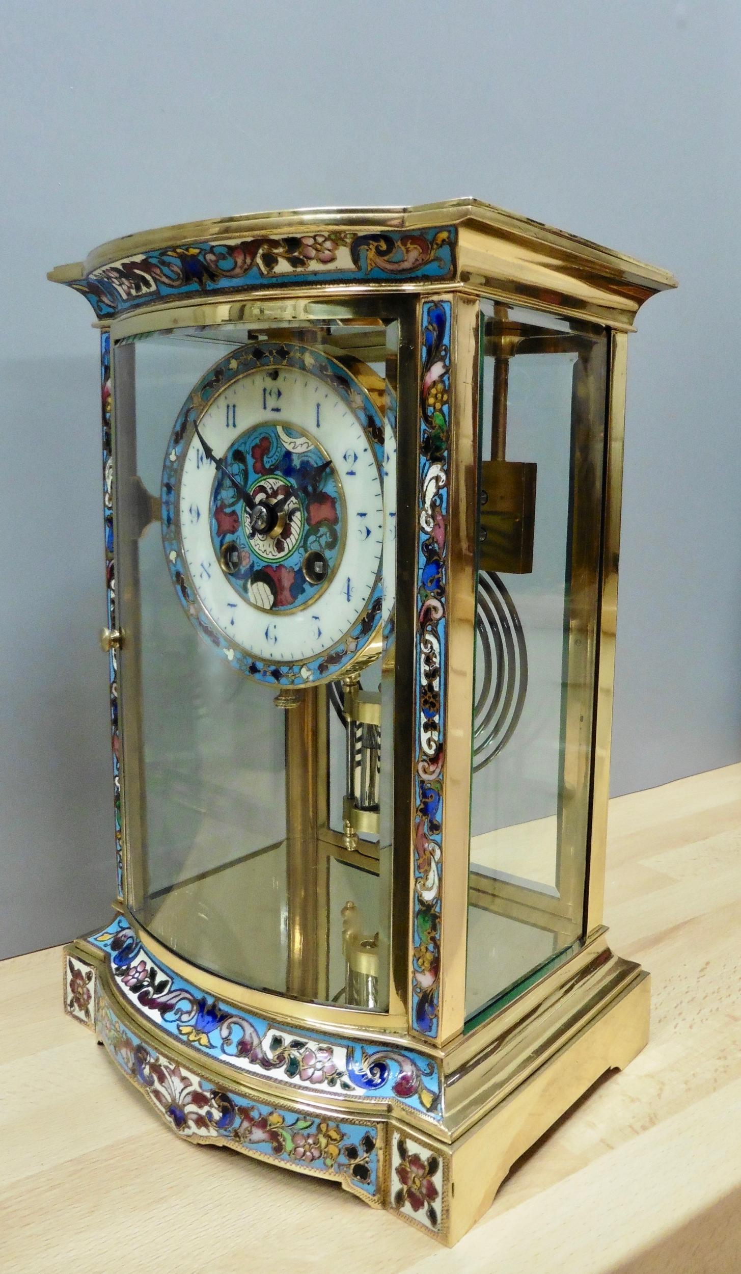 Champlevé French Brass and Champleve Four Glass Mantel Clock For Sale