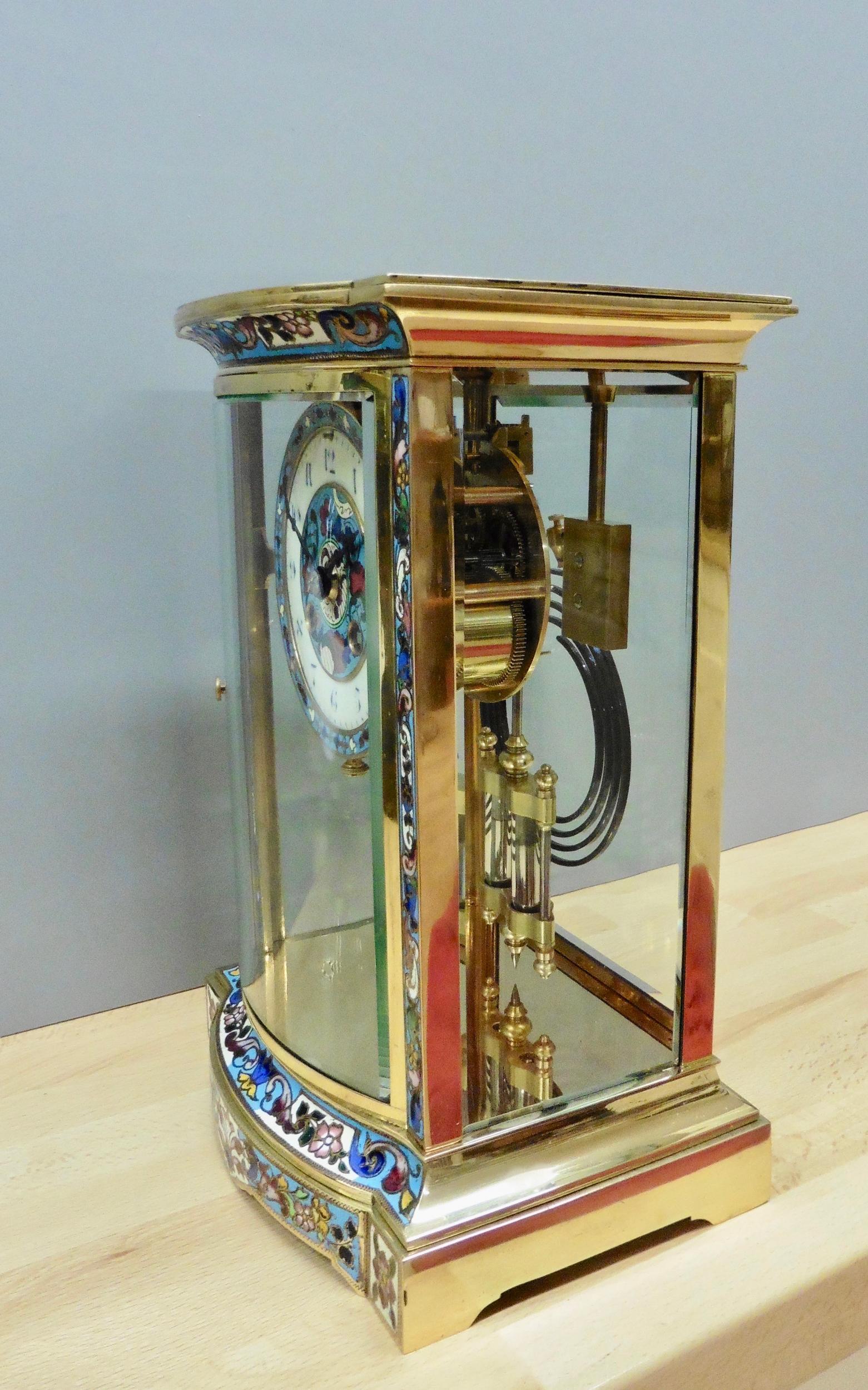 French Brass and Champleve Four Glass Mantel Clock In Good Condition For Sale In Norwich, GB