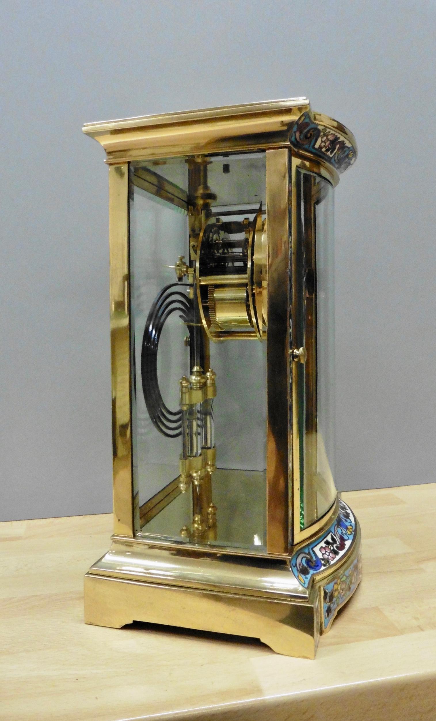 19th Century French Brass and Champleve Four Glass Mantel Clock For Sale