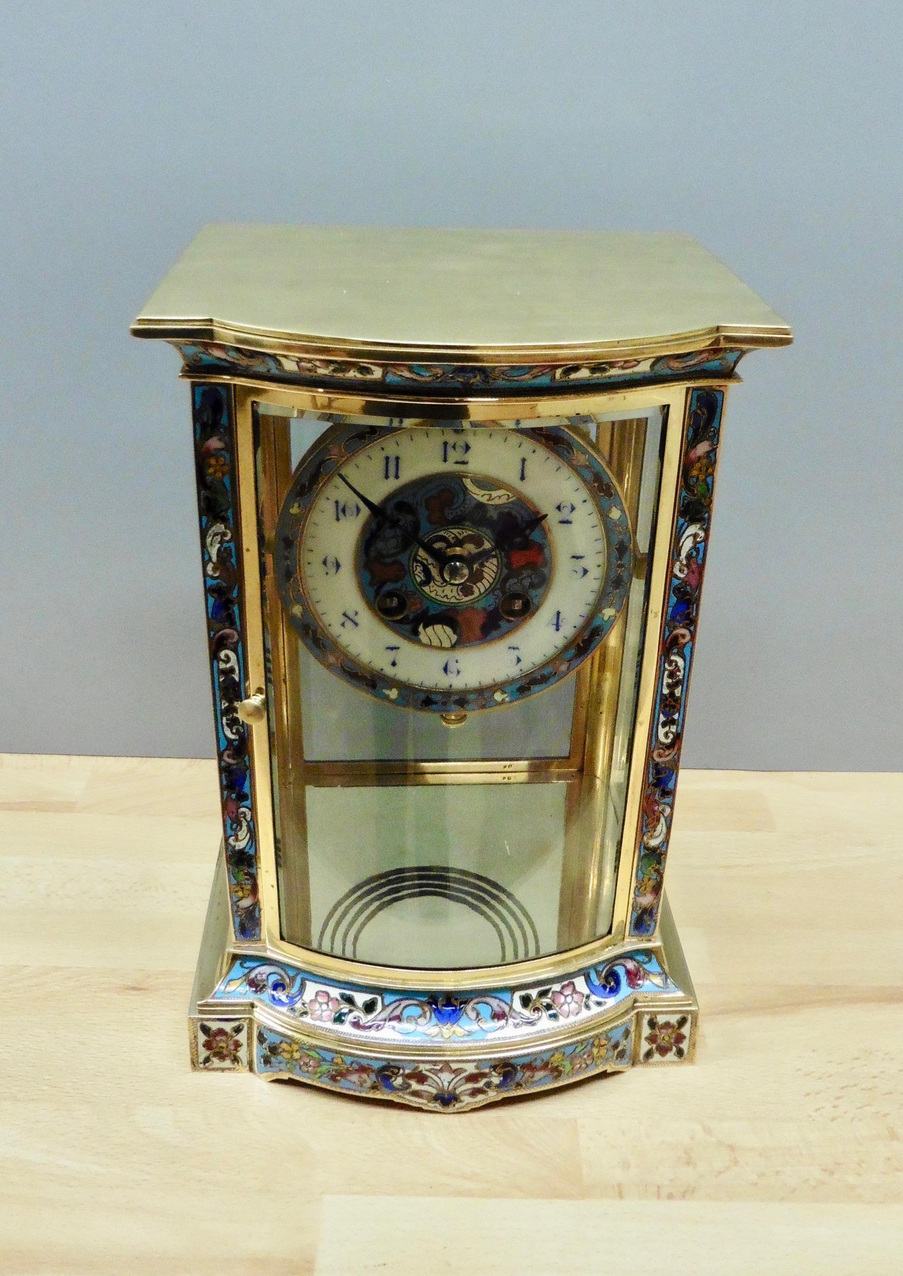 French Brass and Champleve Four Glass Mantel Clock For Sale 4