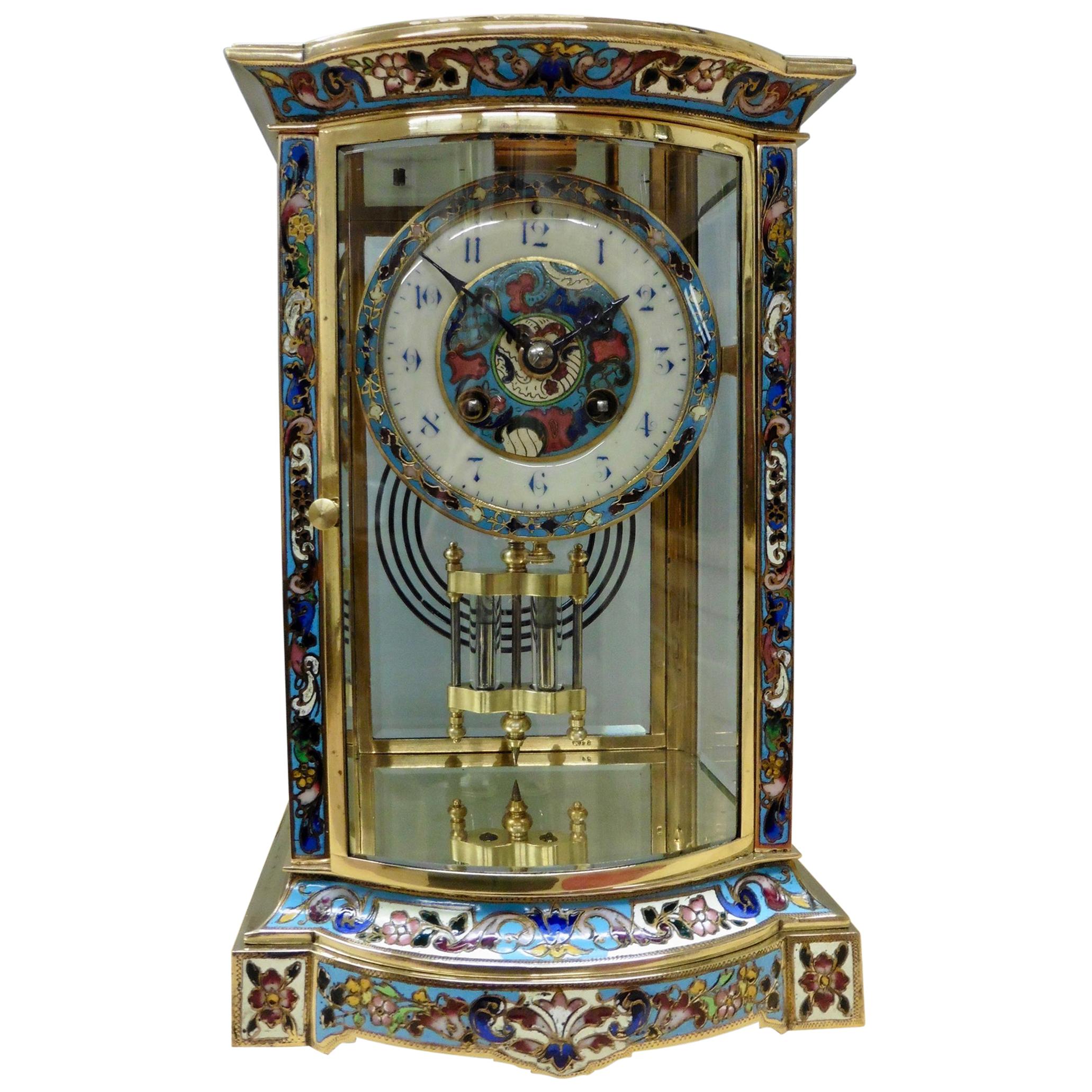 French Brass and Champleve Four Glass Mantel Clock For Sale