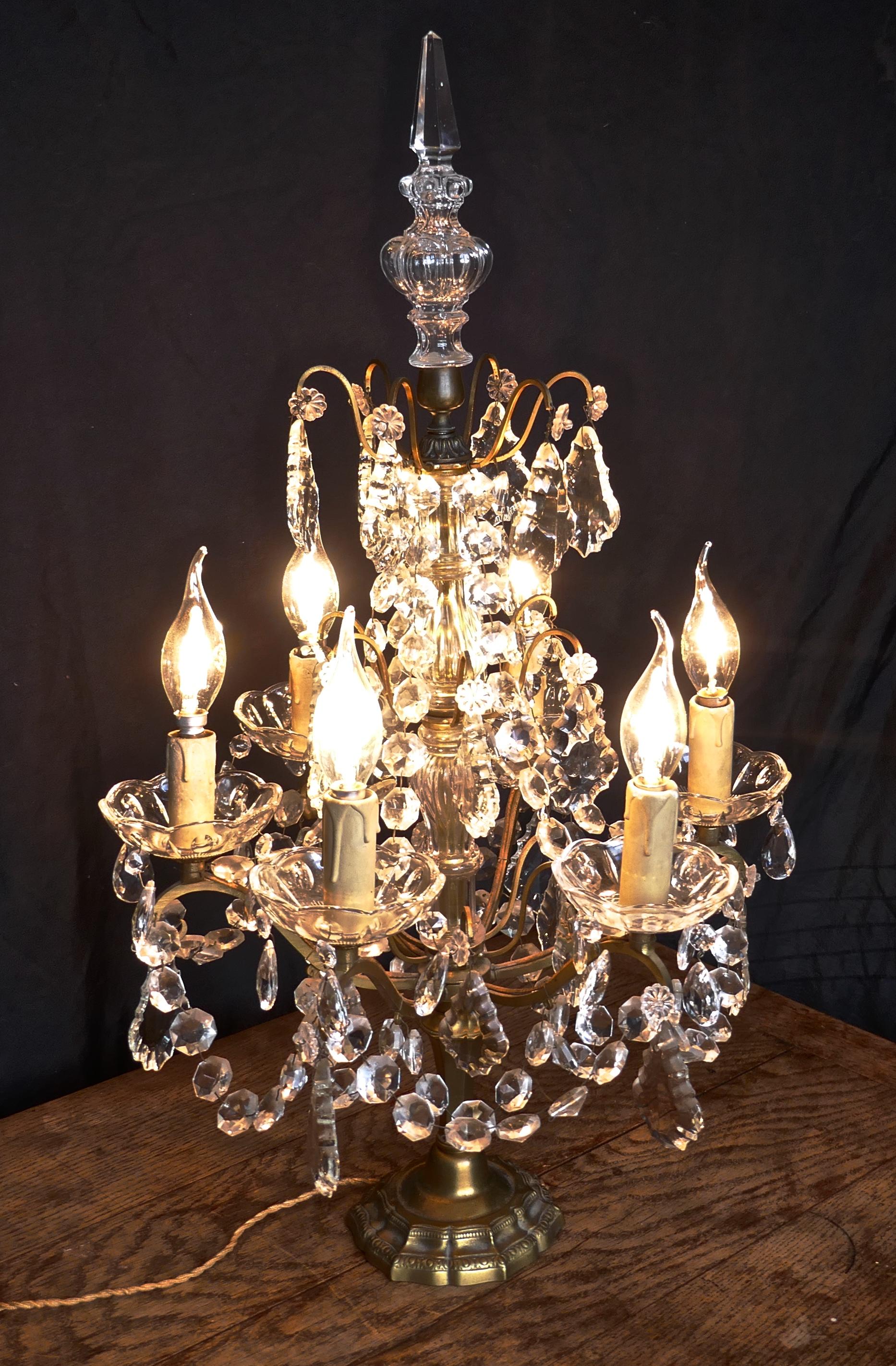 French Brass and Crystal 6 Branch Chandelier Table Lamp, Girandole 2