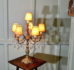French Brass and Crystal 6 Branch Chandelier Table Lamp, Girandole