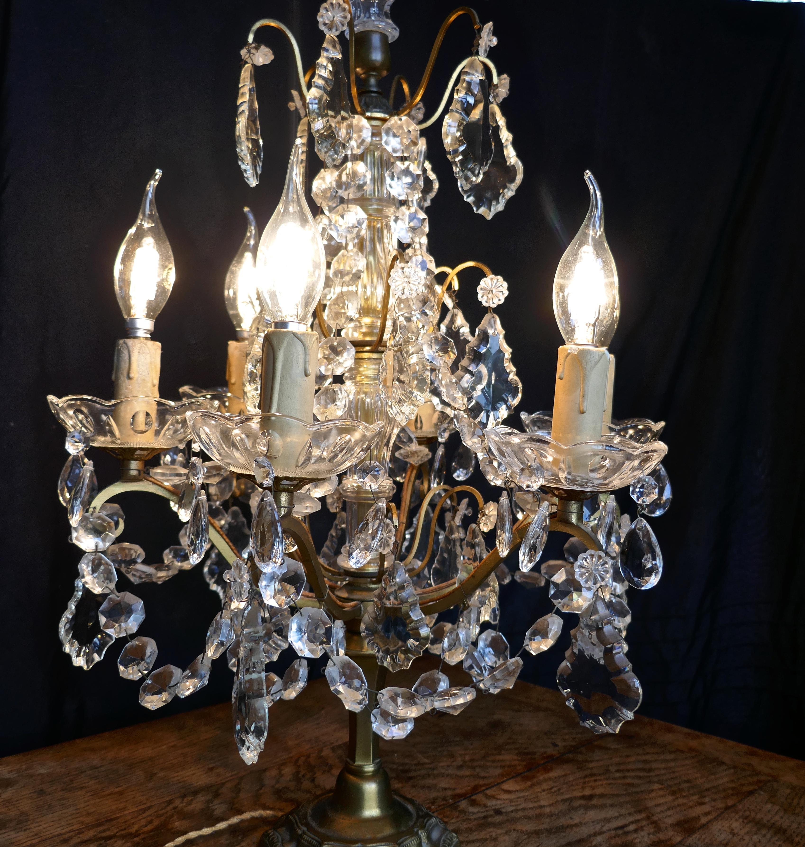 Empire French Brass and Crystal 6 Branch Chandelier Table Lamp, Girandole