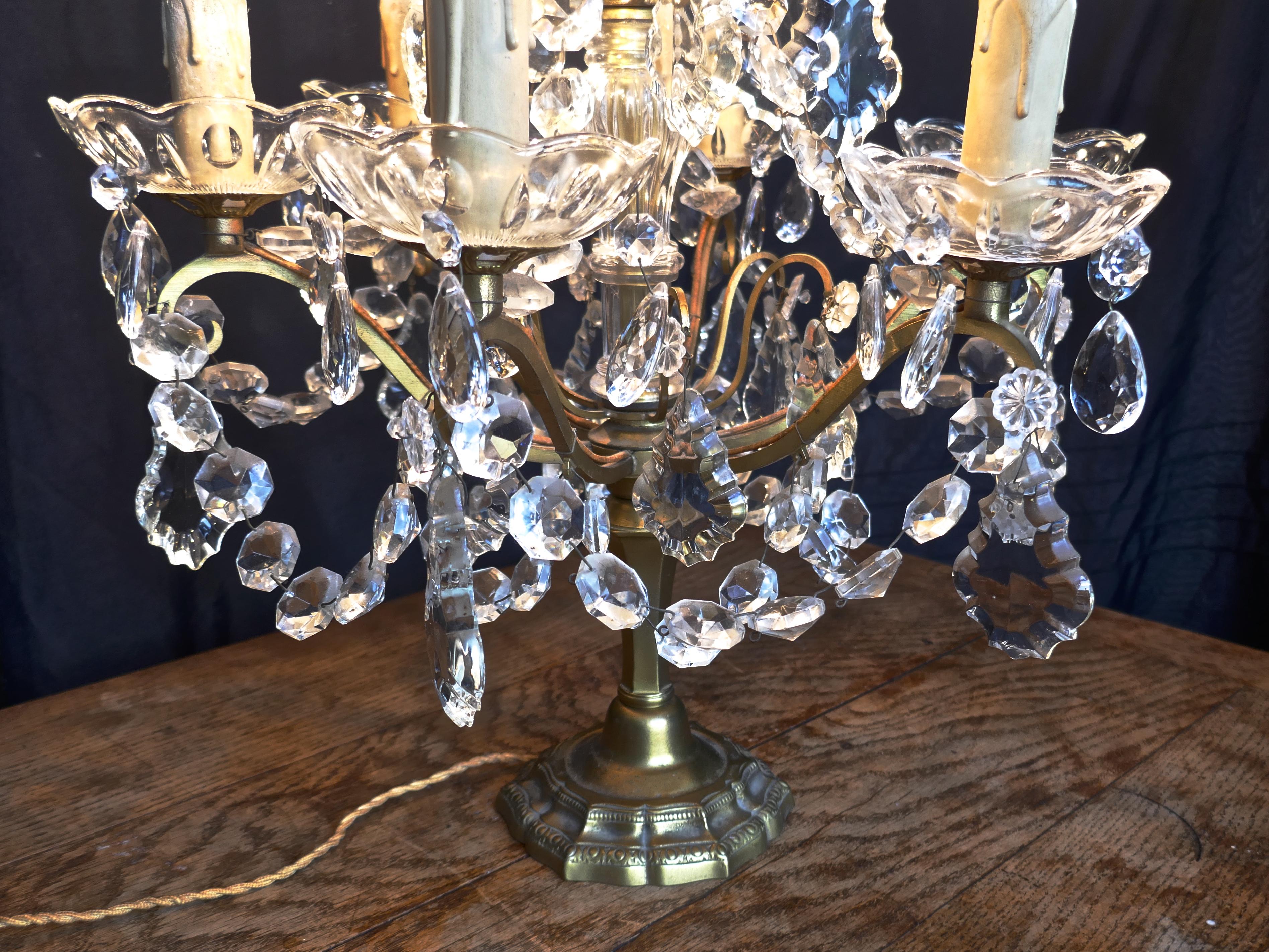 French Brass and Crystal 6 Branch Chandelier Table Lamp, Girandole In Good Condition In Chillerton, Isle of Wight