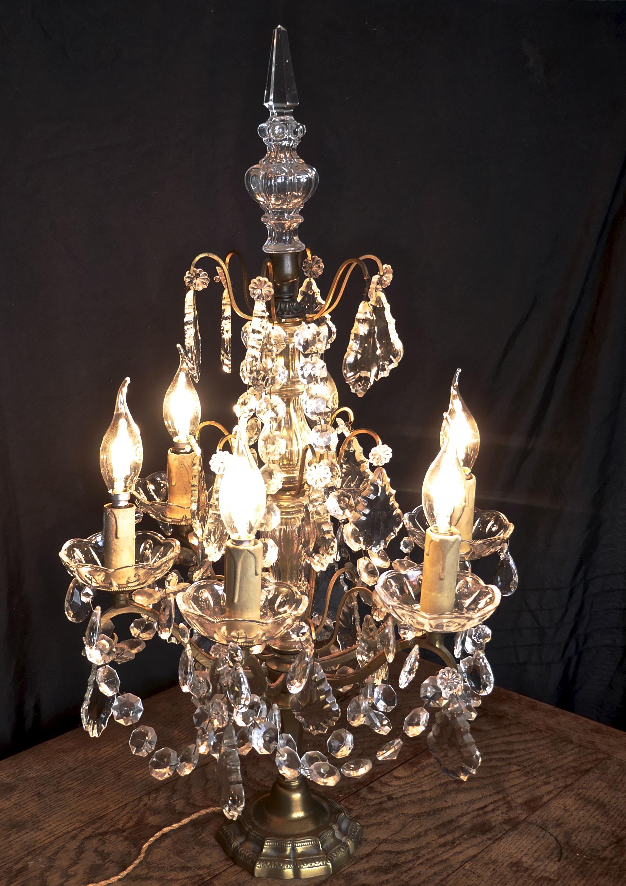 20th Century French Brass and Crystal 6 Branch Chandelier Table Lamp, Girandole