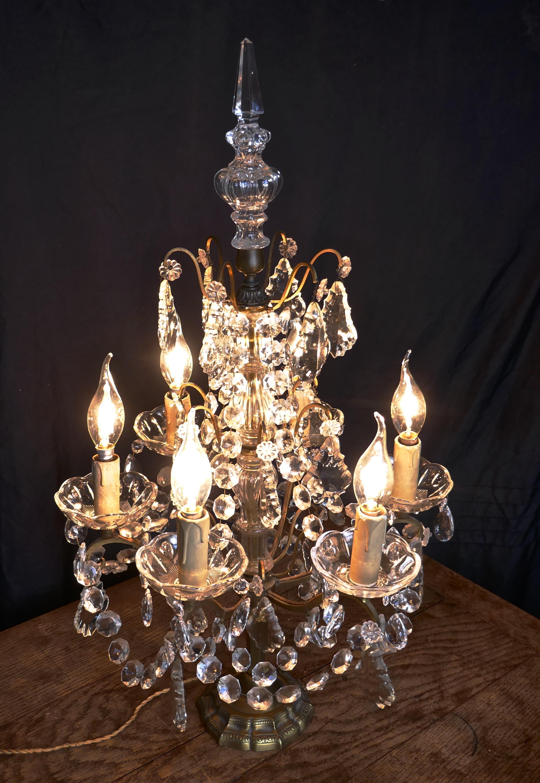 French Brass and Crystal 6 Branch Chandelier Table Lamp, Girandole 1