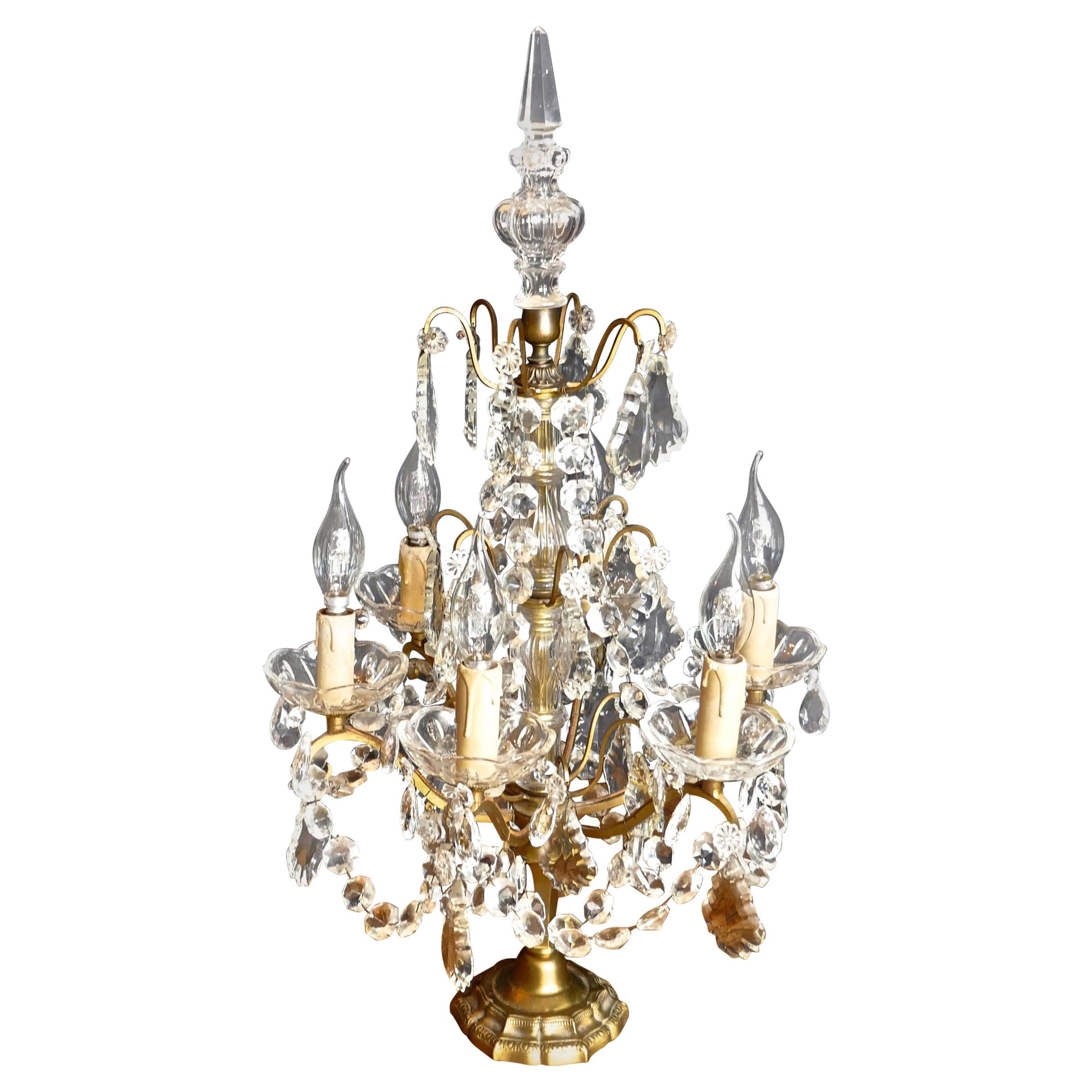 French Brass and Crystal 6 Branch Chandelier Table Lamp, Girandole