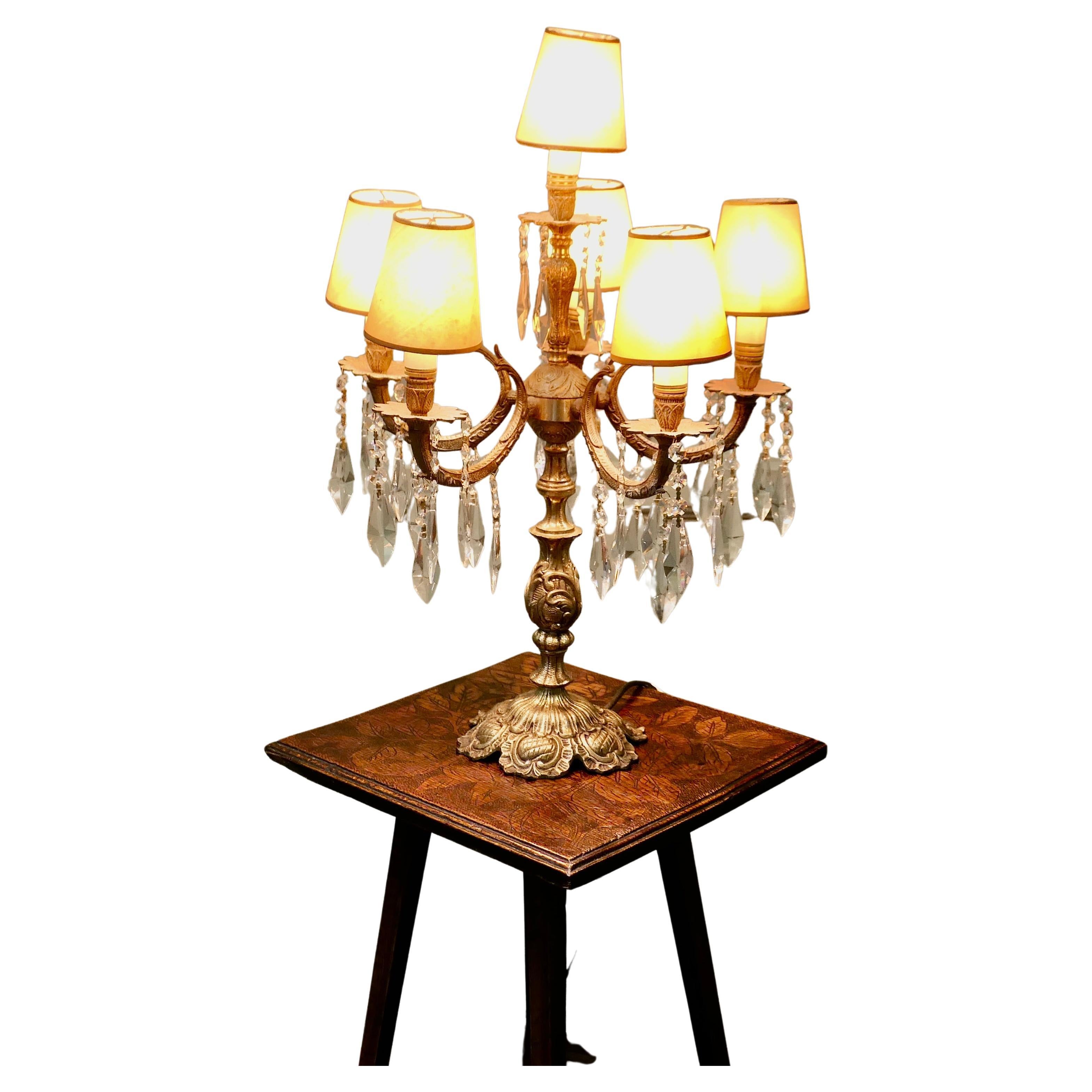 French Brass and Crystal 6 Branch Chandelier Table Lamp, Girandole