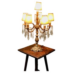 Vintage French Brass and Crystal 6 Branch Chandelier Table Lamp, Girandole