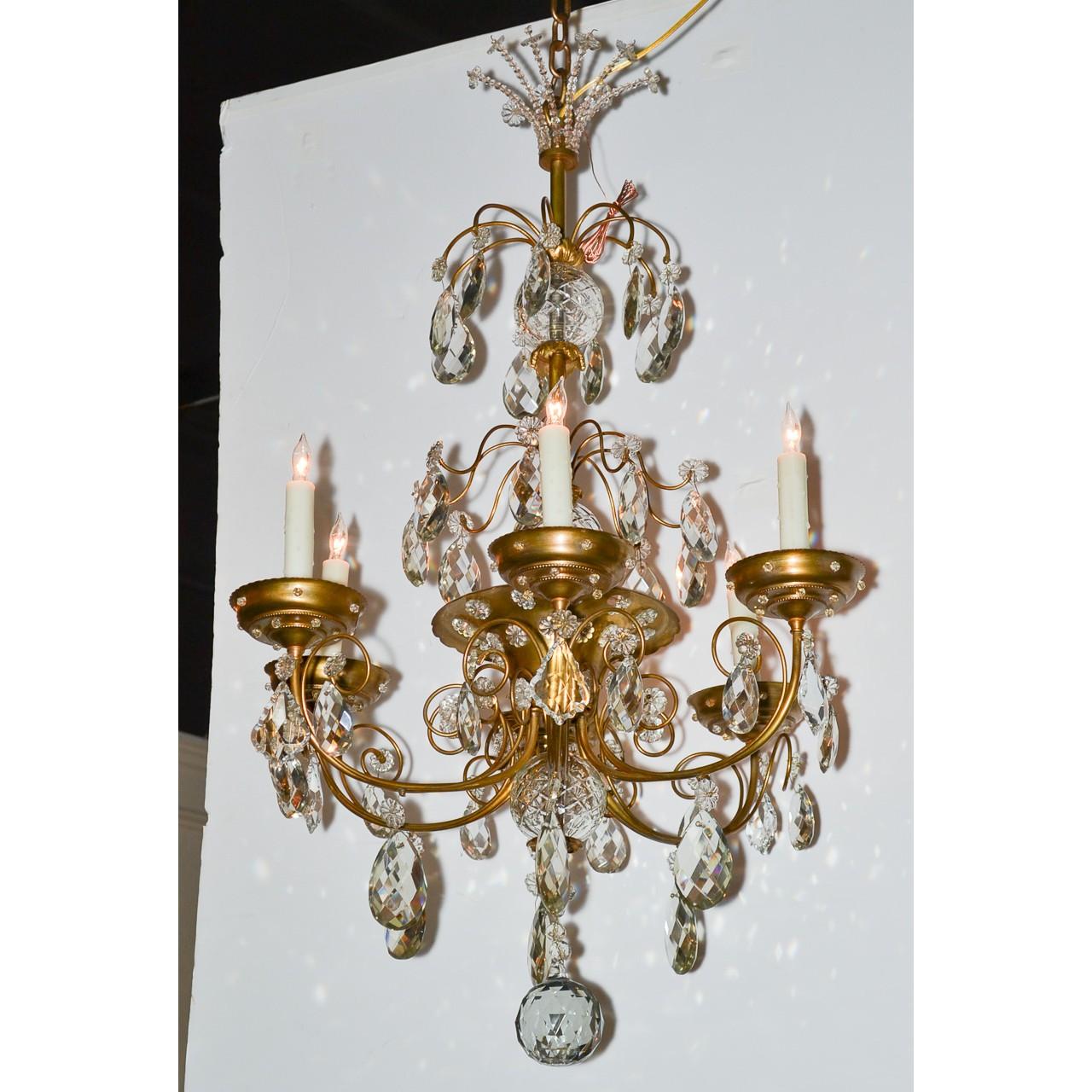 Faceted French Brass and Crystal Chandelier, in the style of Maison Jansen For Sale