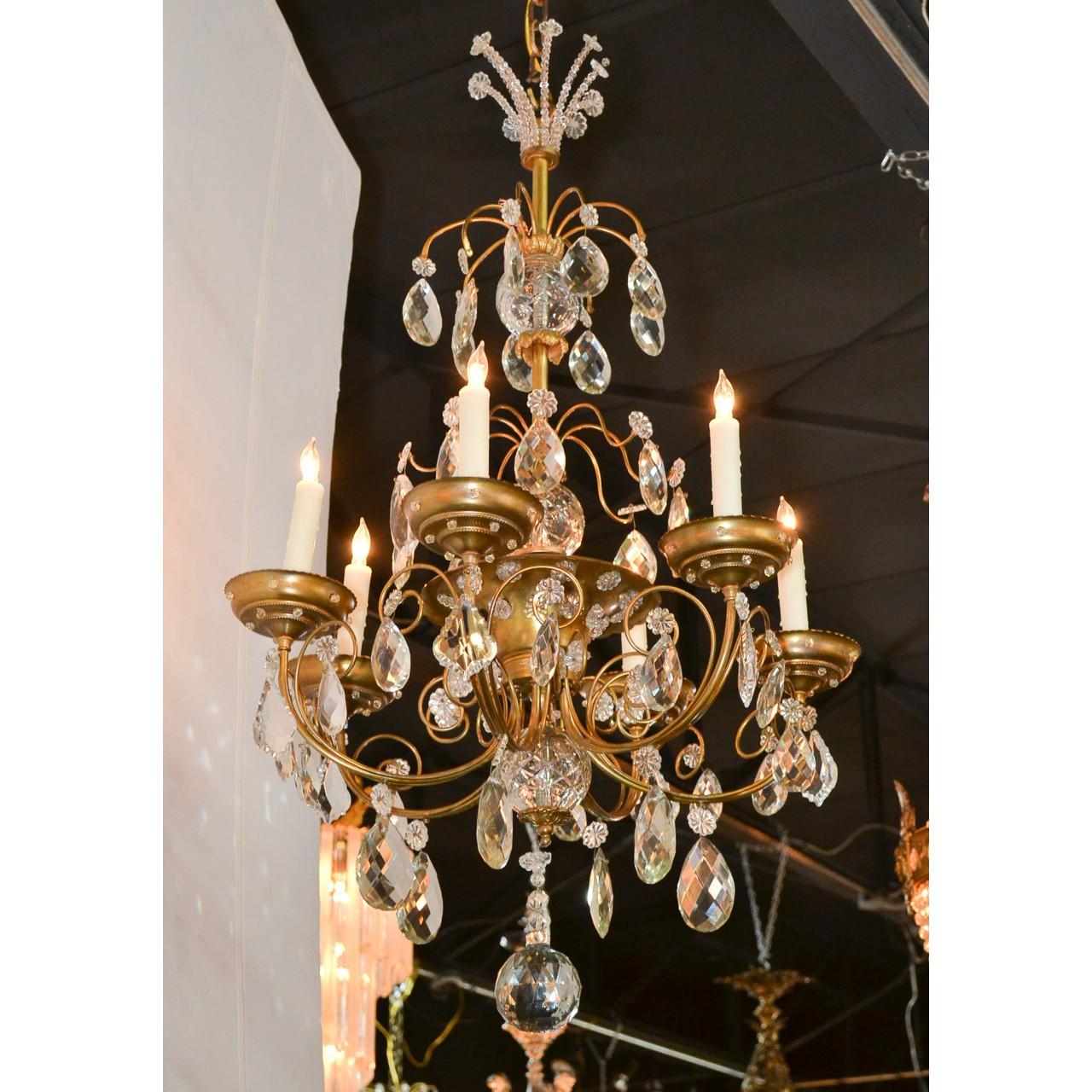 French Brass and Crystal Chandelier, in the style of Maison Jansen For Sale 1