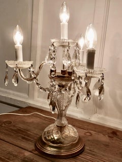 French Brass and Crystal Chandelier Table Lamp, Girandole