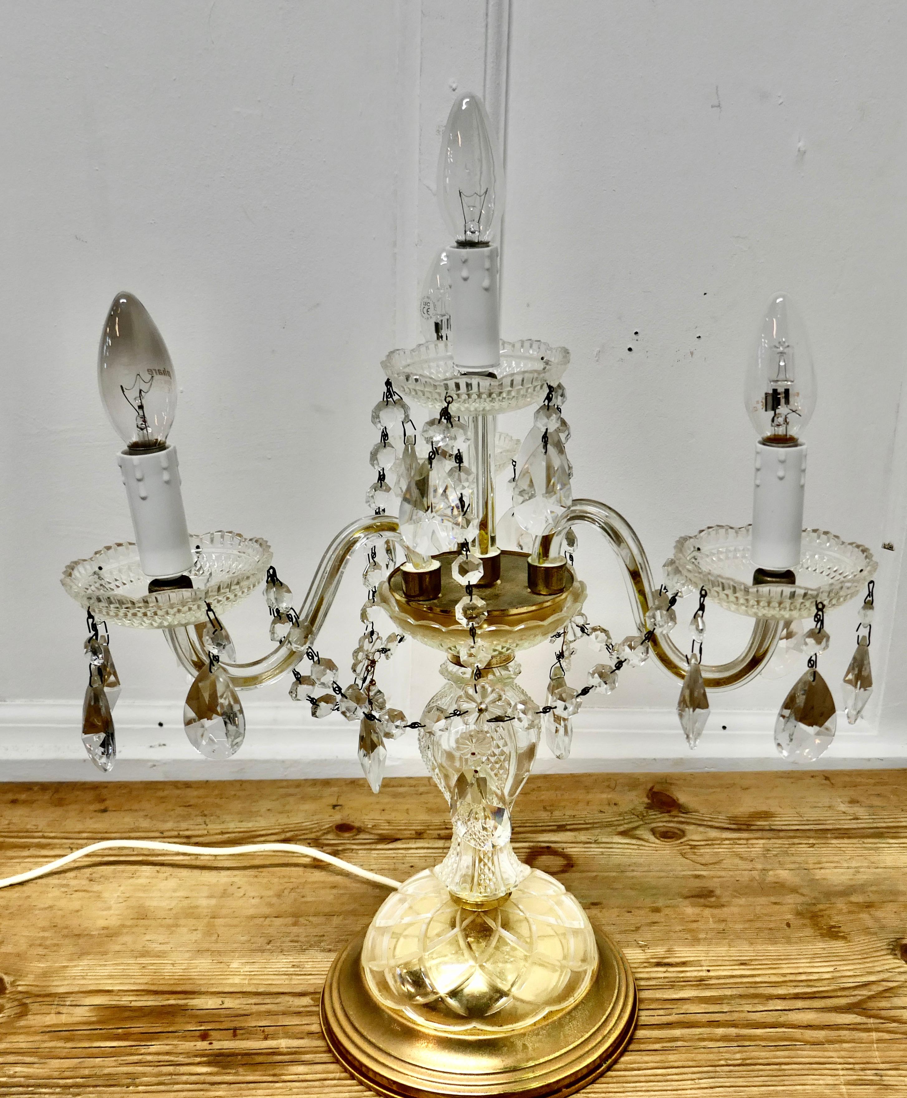 French Provincial French Brass and Crystal Chandelier Table Lamp, Girandole For Sale