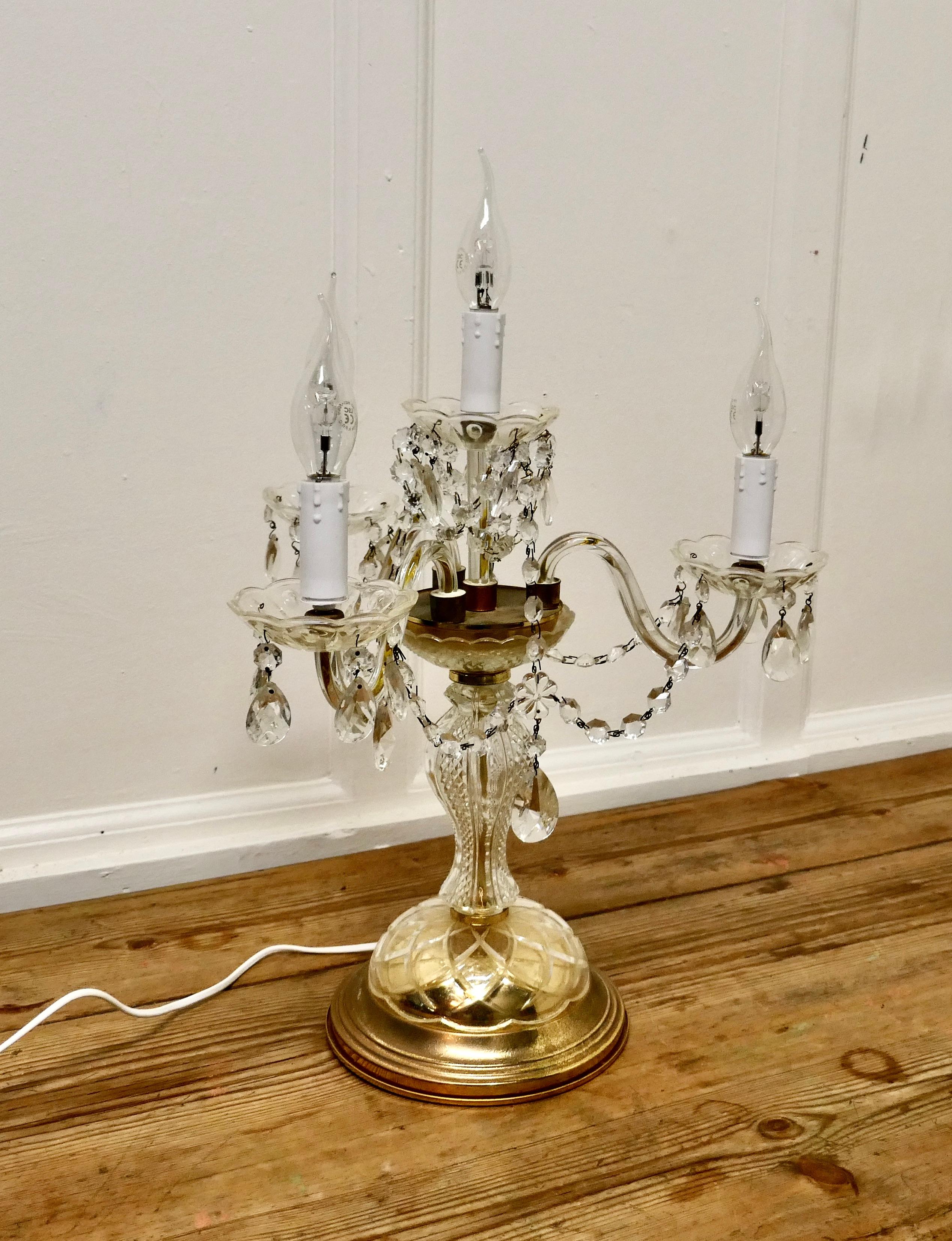 French Provincial French Brass and Crystal Chandelier Table Lamp, Girandole For Sale