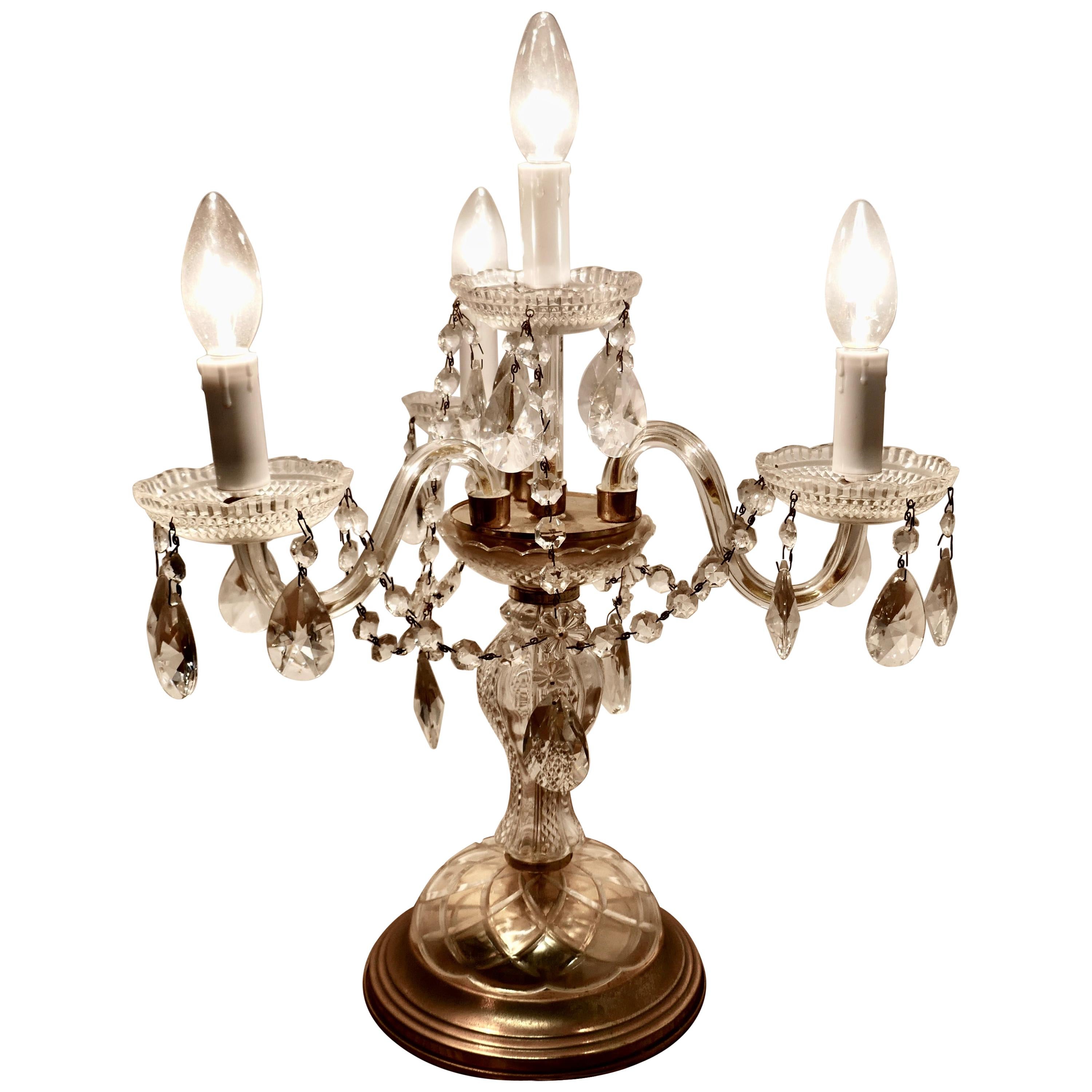 French Brass and Crystal Chandelier Table Lamp, Girandole For Sale