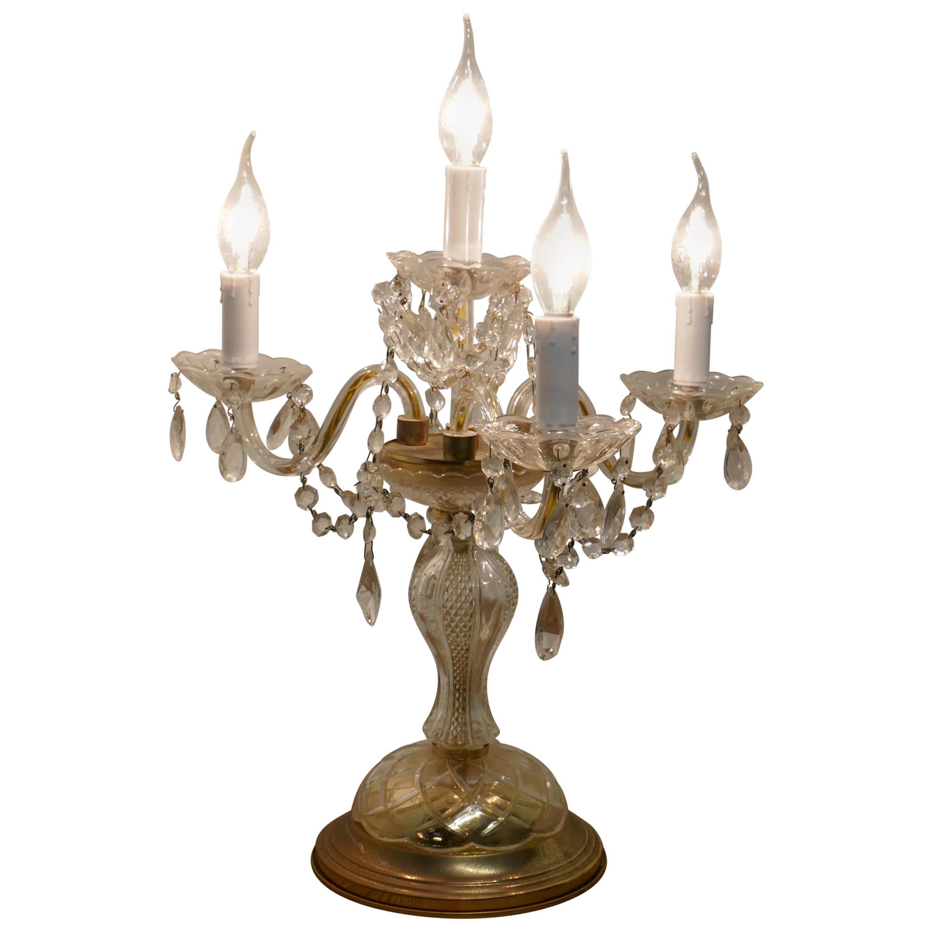French Brass and Crystal Chandelier Table Lamp, Girandole For Sale