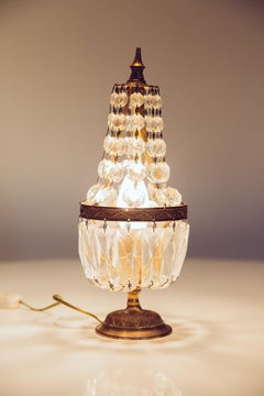 French Brass and Crystal Chandelier Table Lamps, Tent Girándole