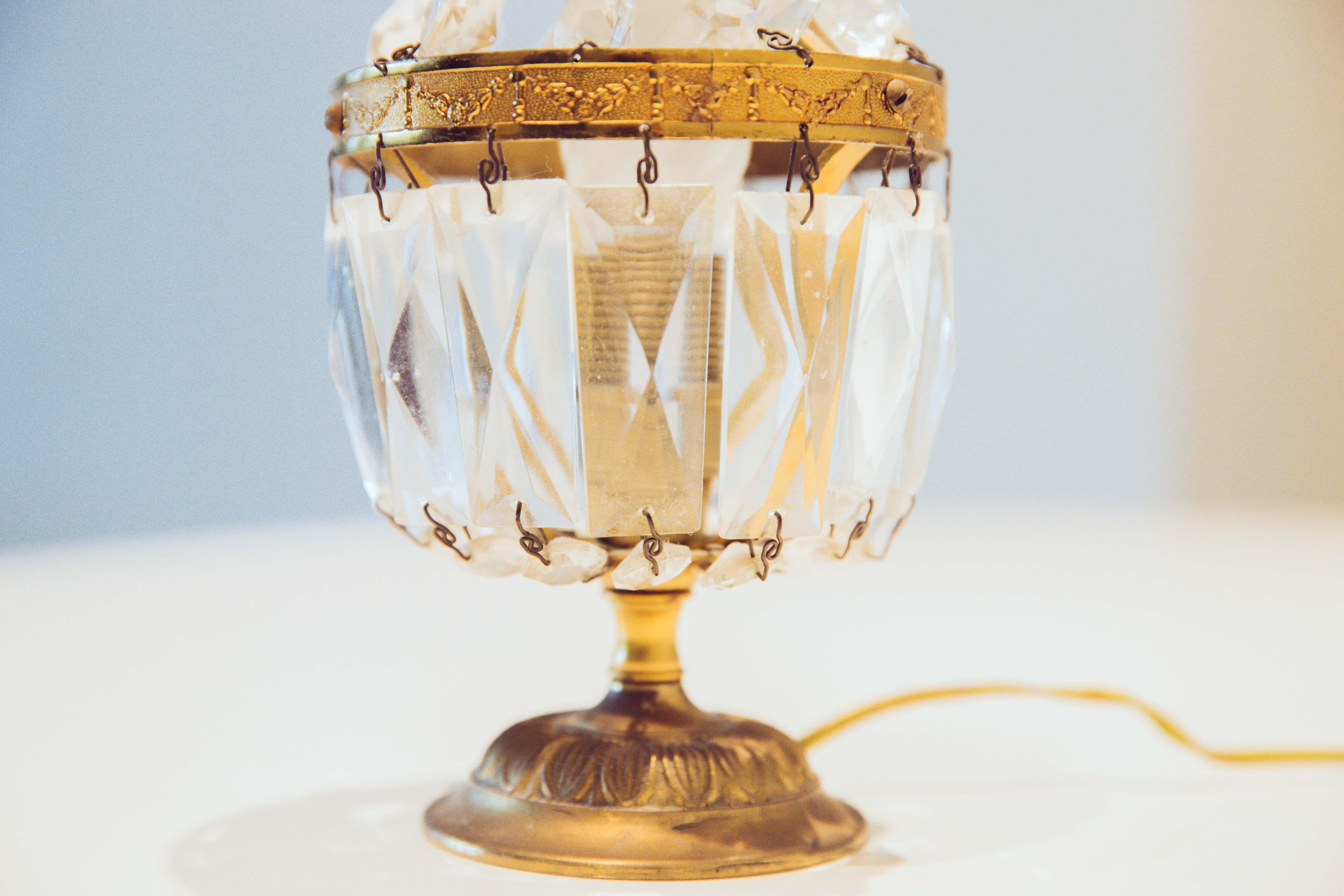 Late 19th Century French Brass and Crystal Chandelier Table Lamps, Tent Girándole For Sale