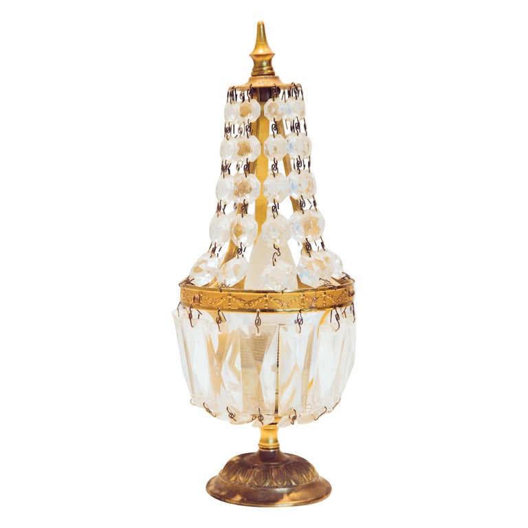 French Brass and Crystal Chandelier Table Lamps, Tent Girándole For