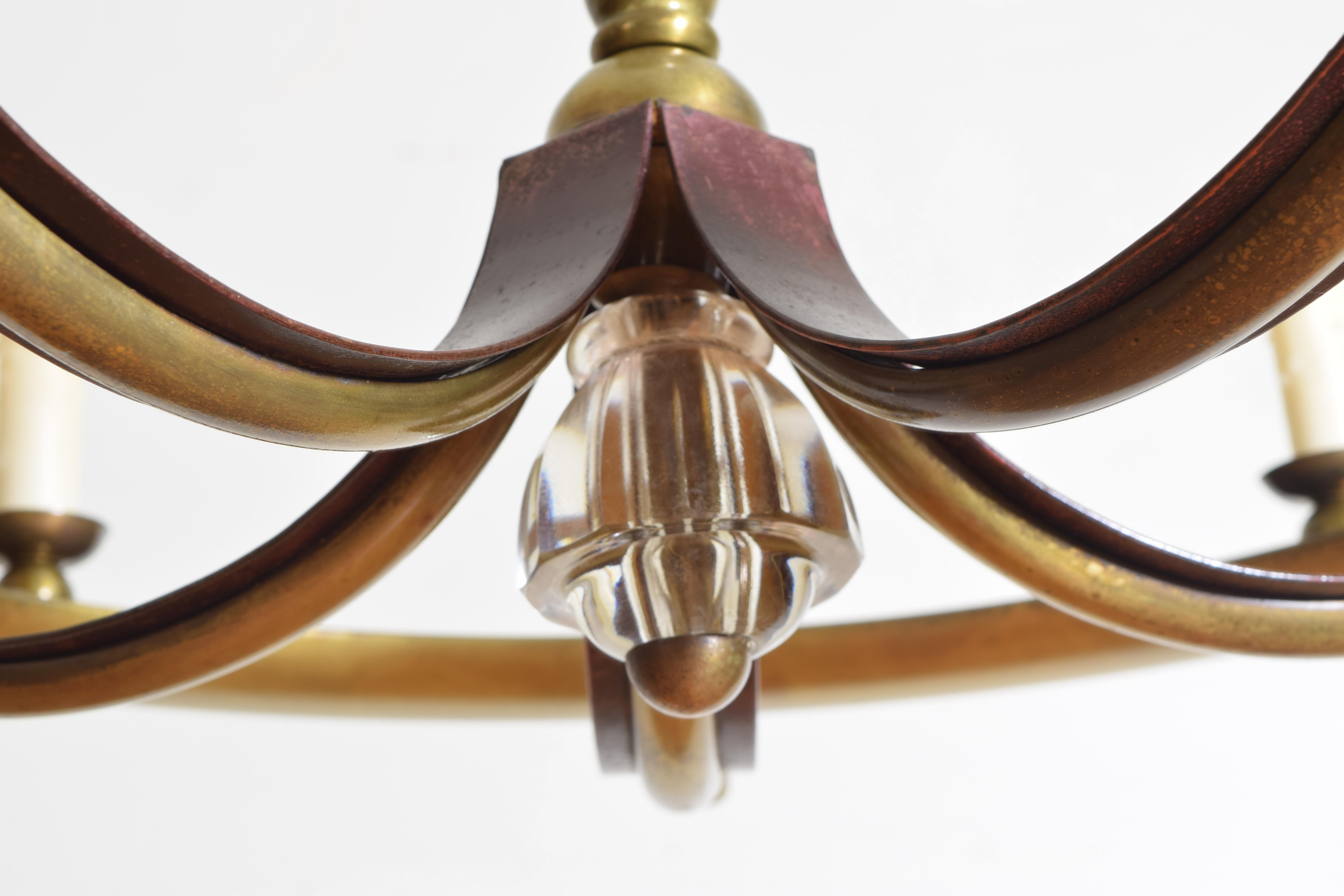 French Brass and Cut Glass Mid-20th Century 5-Light Chandelier 9