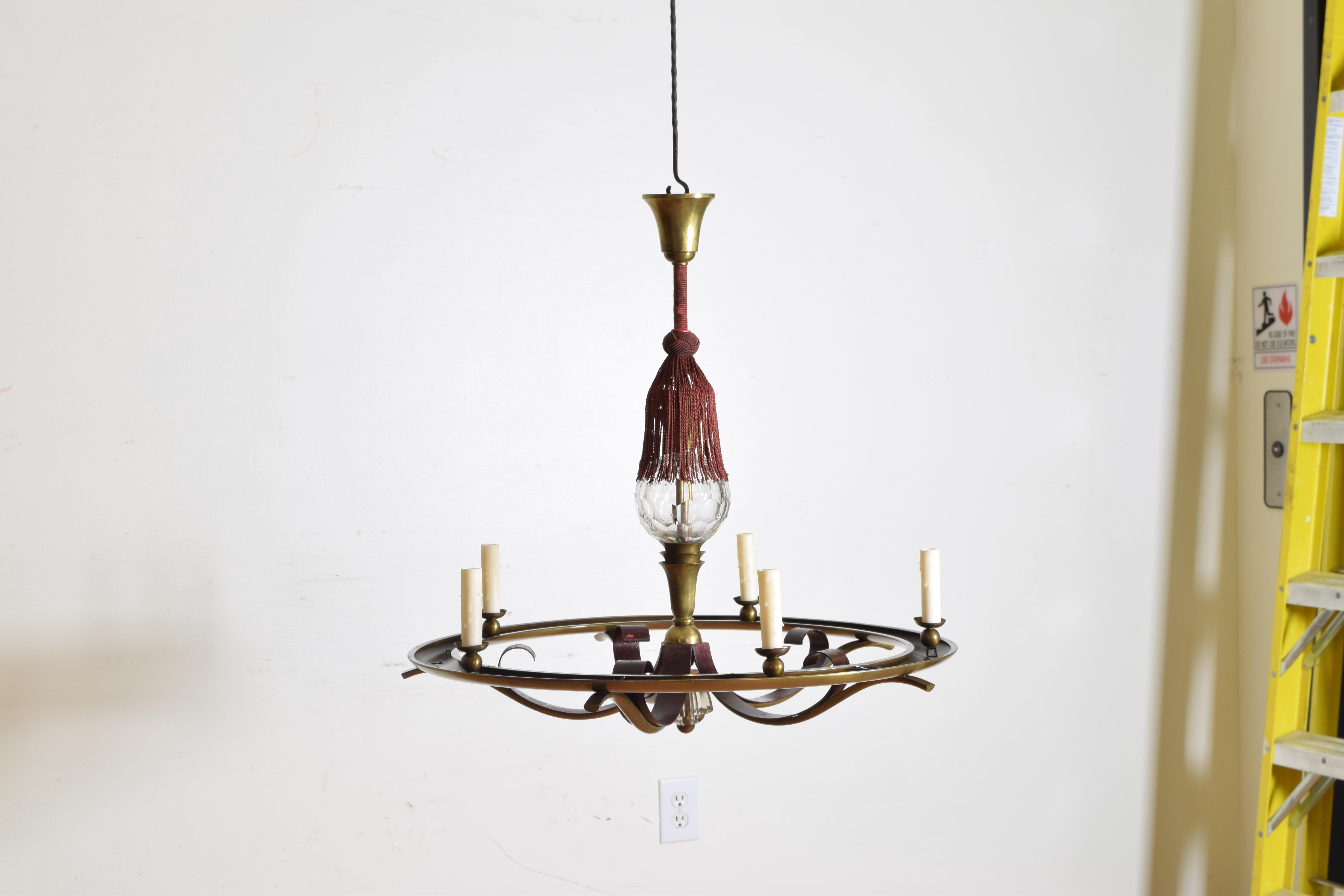 Mid-Century Modern French Brass and Cut Glass Mid-20th Century 5-Light Chandelier