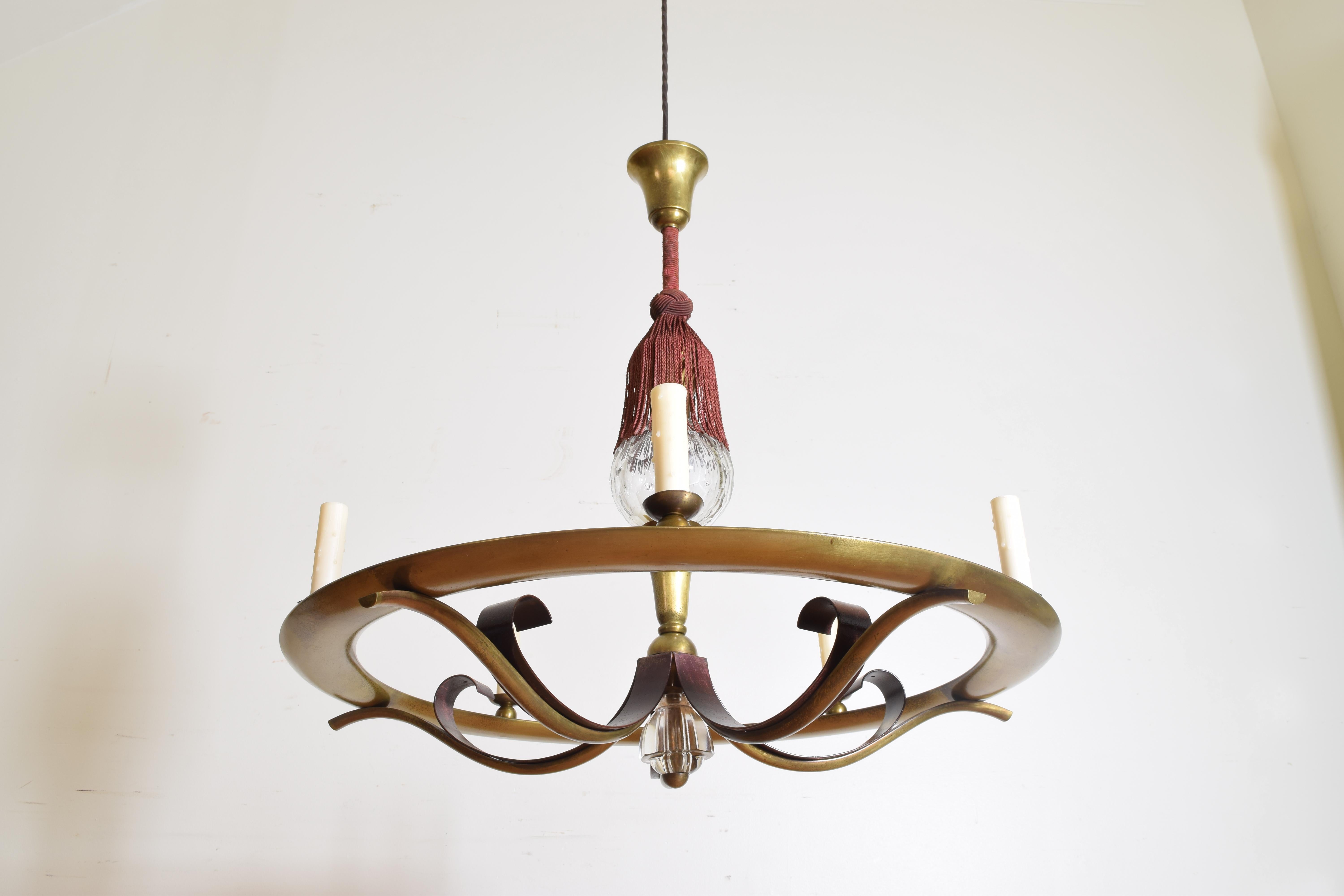 French Brass and Cut Glass Mid-20th Century 5-Light Chandelier In Good Condition In Atlanta, GA