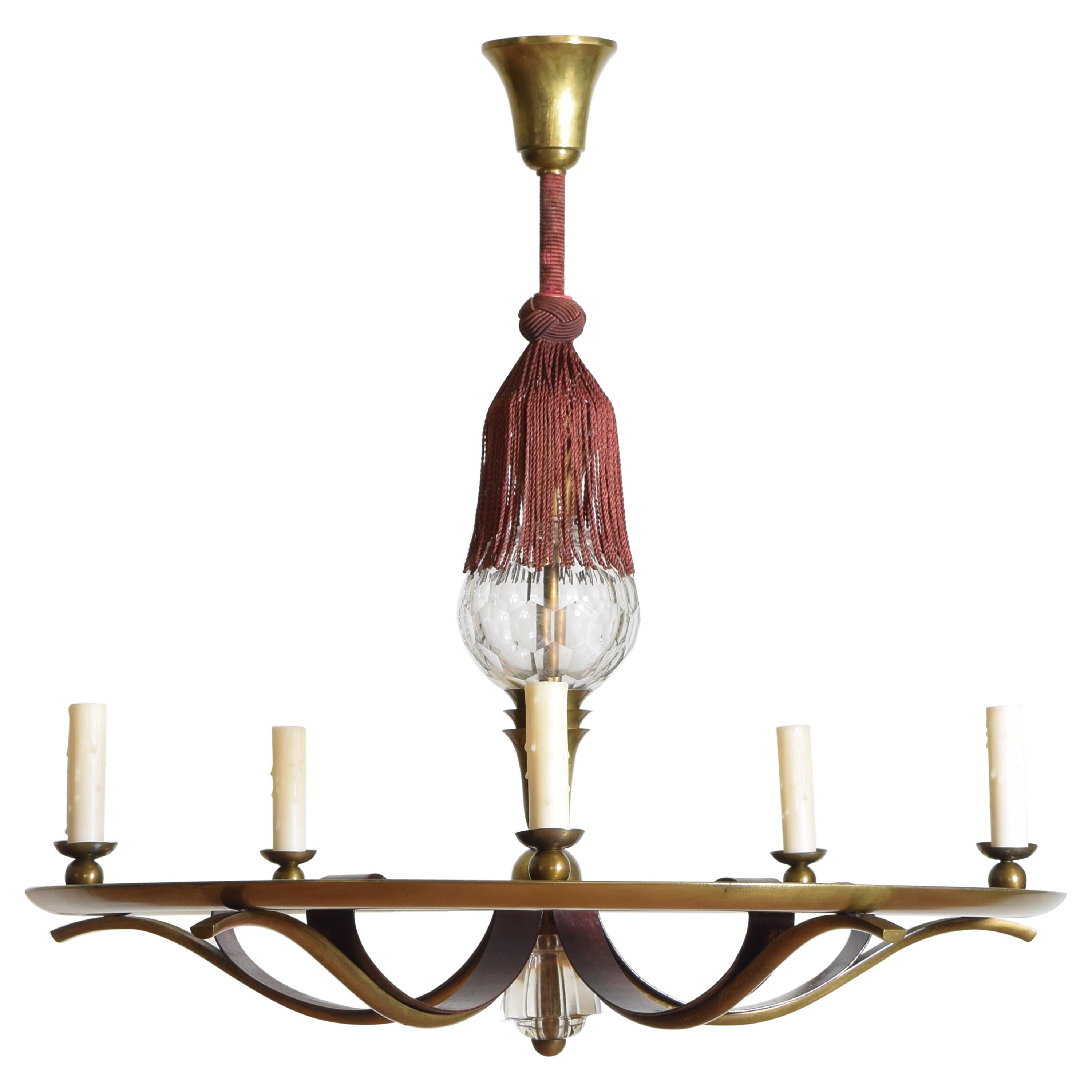 French Brass and Cut Glass Mid-20th Century 5-Light Chandelier