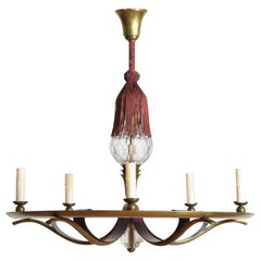 French Brass and Cut Glass Mid-20th Century 5-Light Chandelier