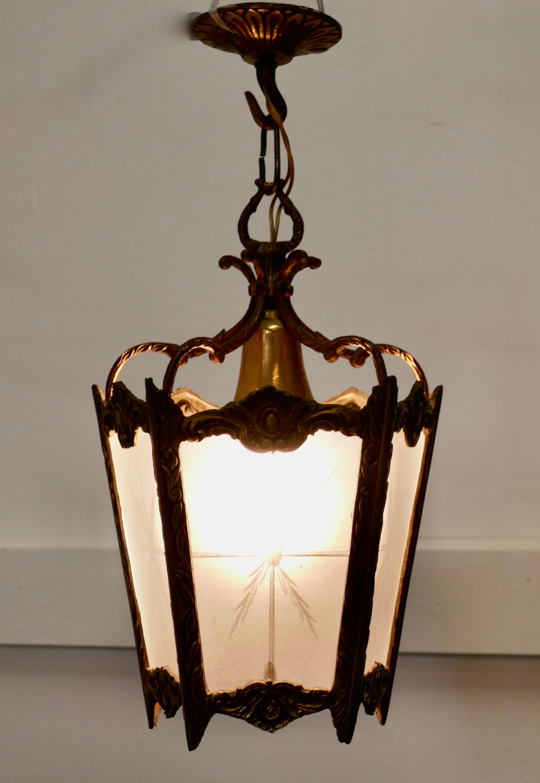 French Provincial French Brass and Etched Glass Lantern Hall Light