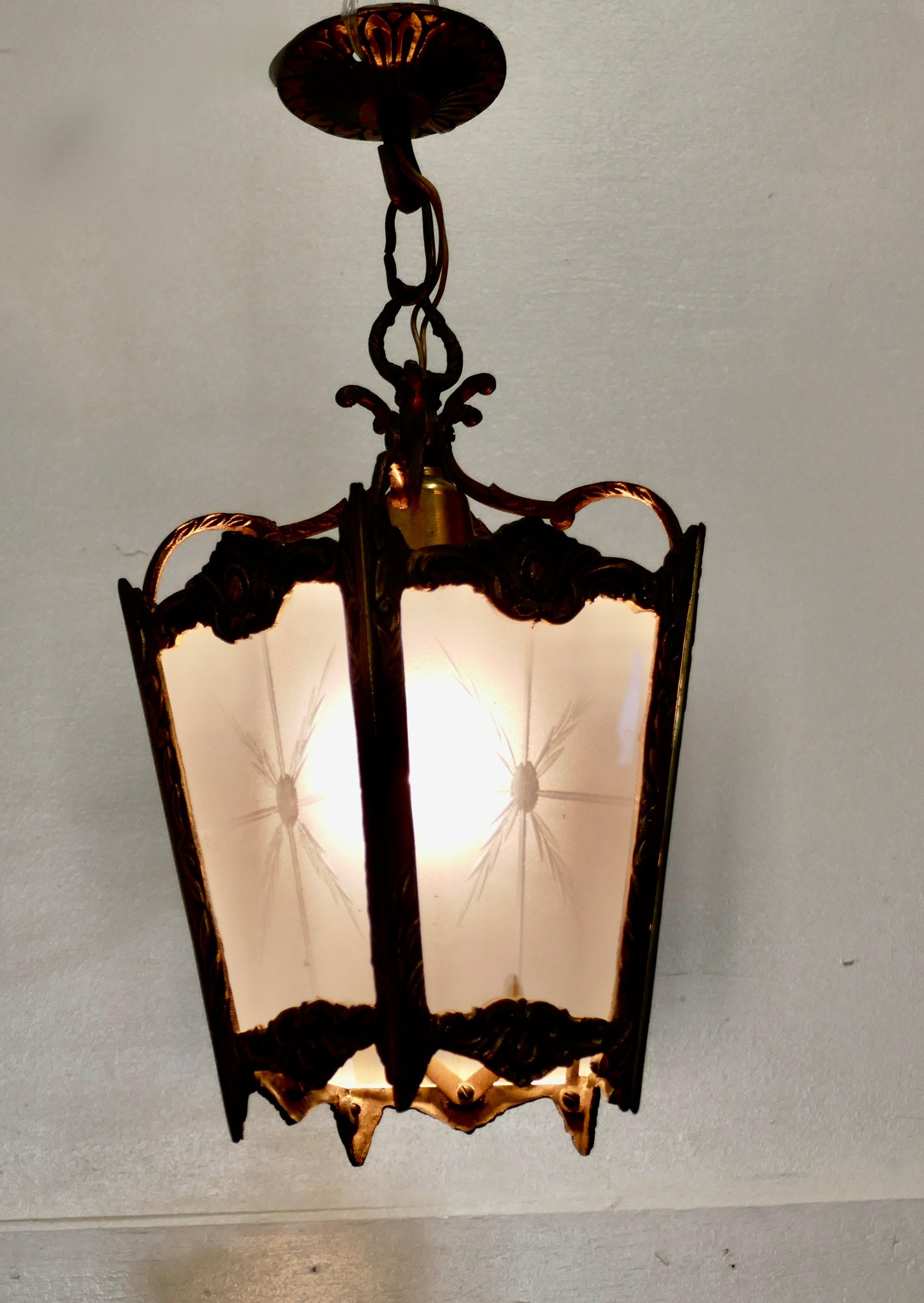 French Brass and Etched Glass Lantern Hall Light In Good Condition In Chillerton, Isle of Wight