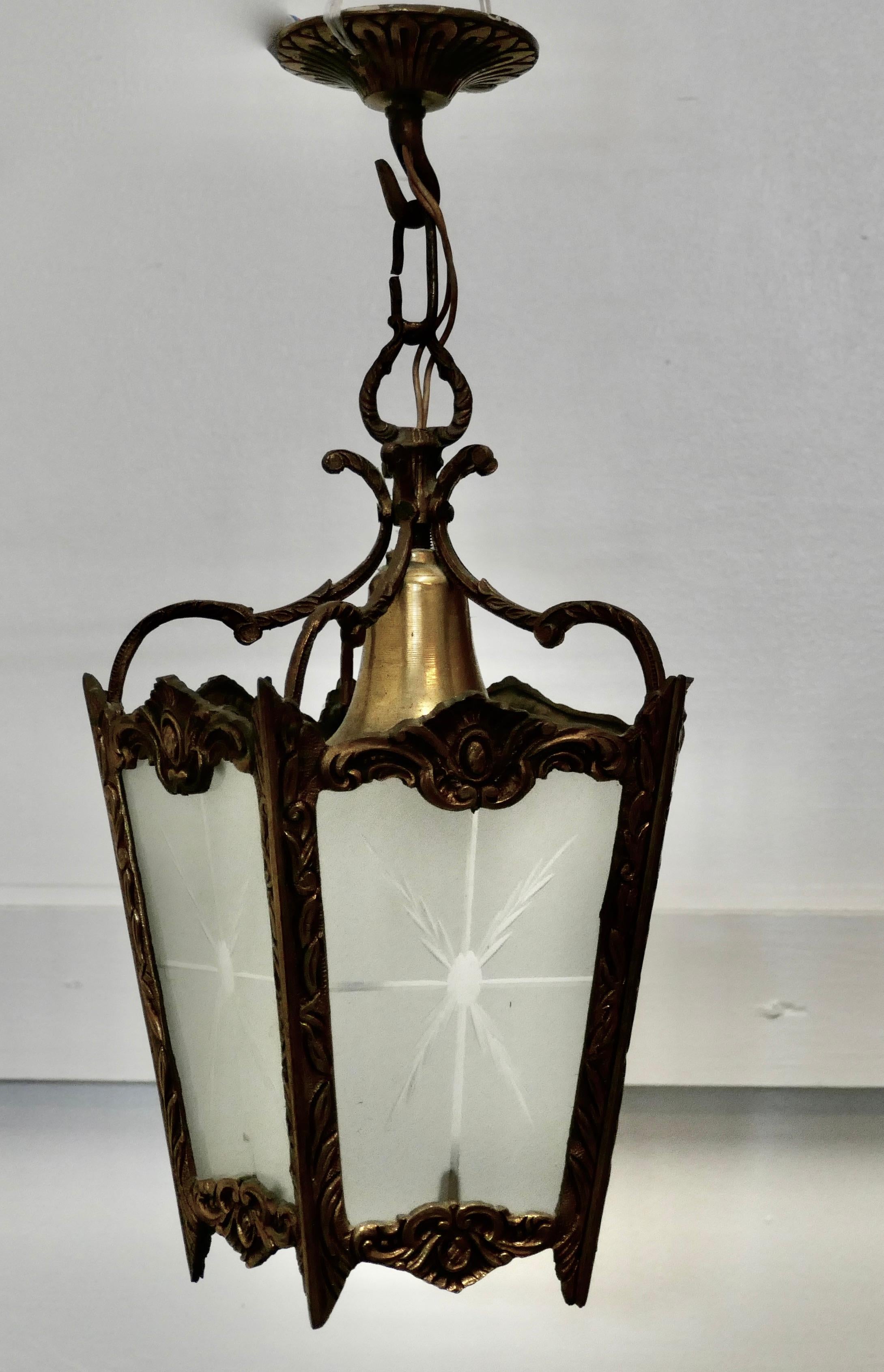 20th Century French Brass and Etched Glass Lantern Hall Light