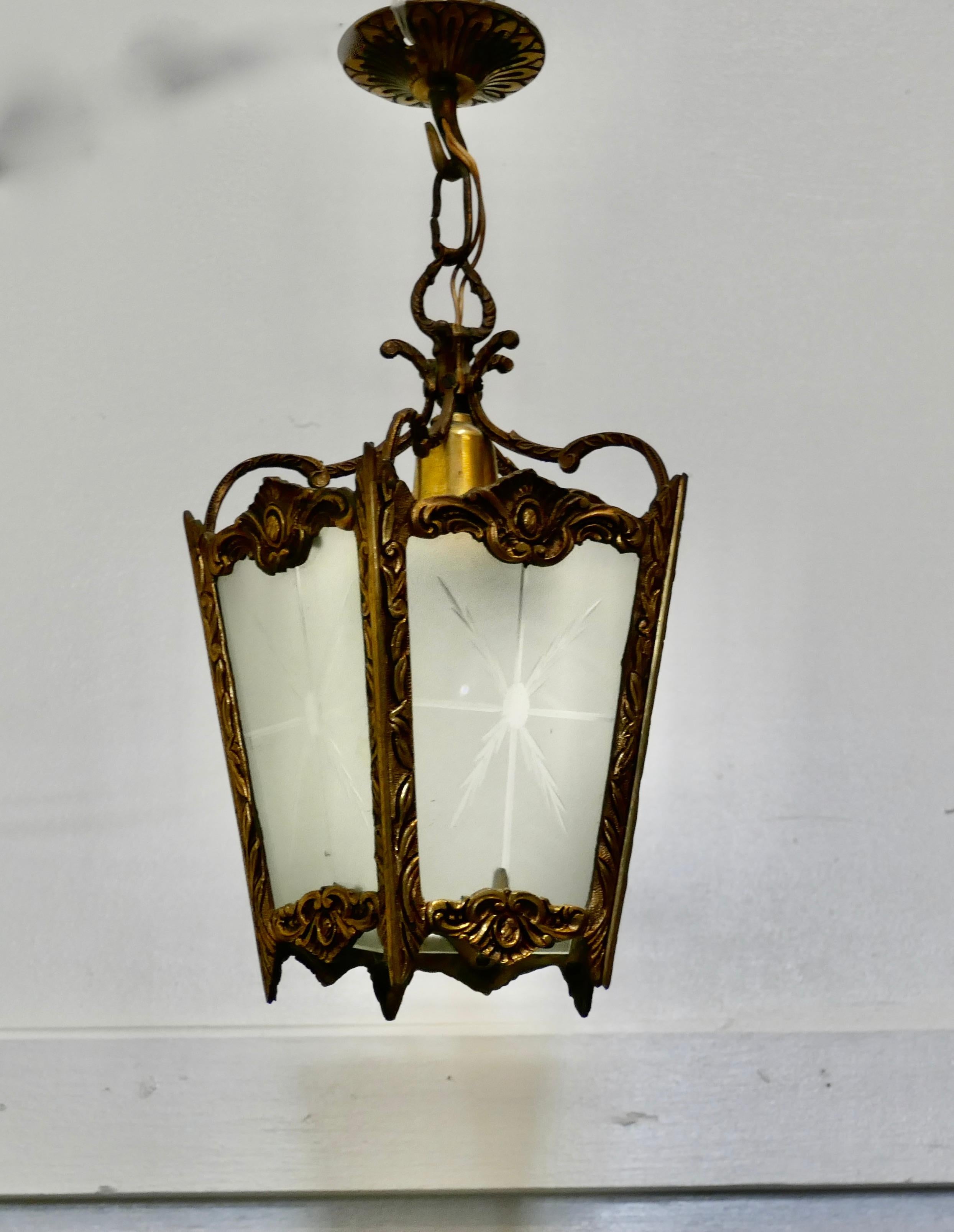 French Brass and Etched Glass Lantern Hall Light 1