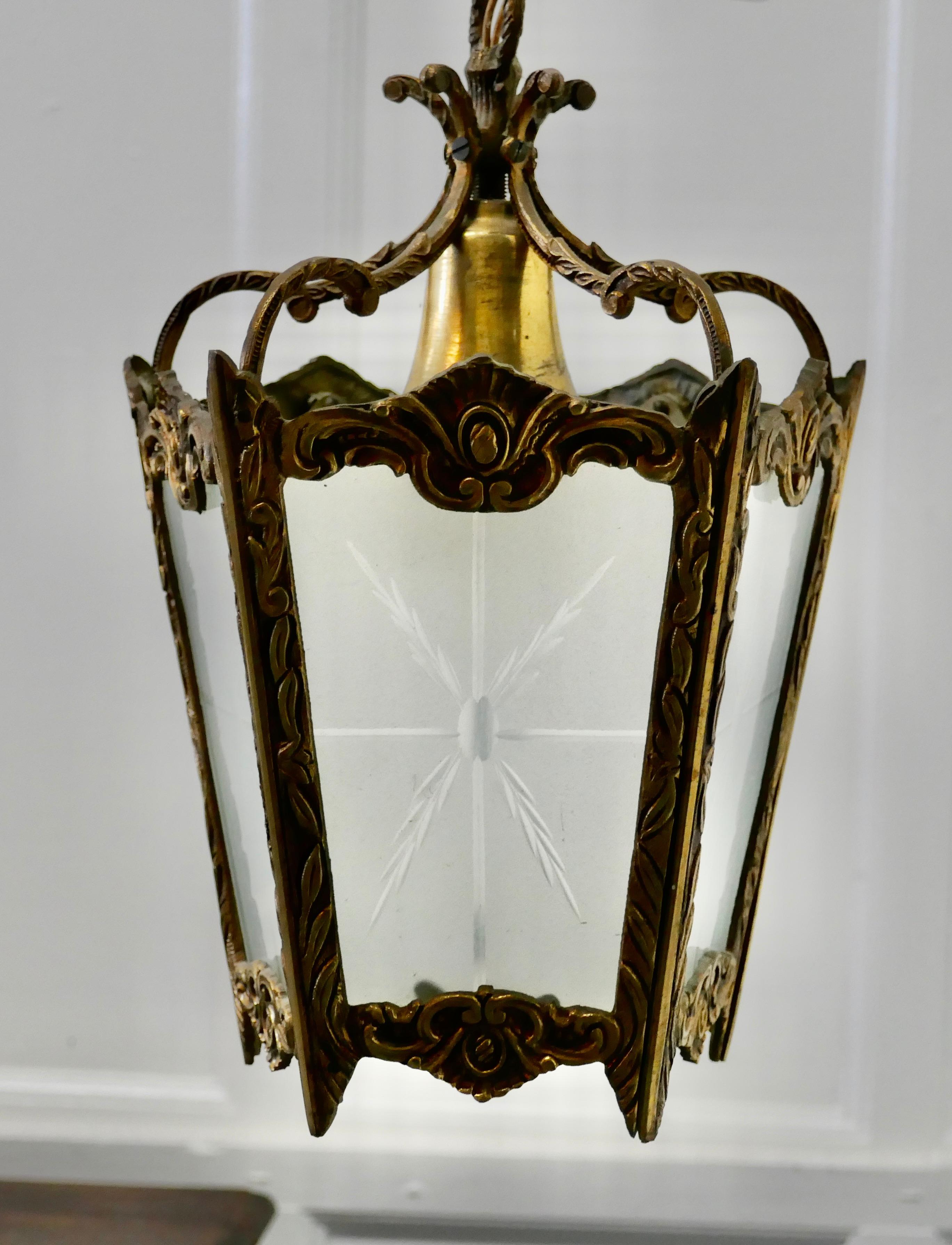 French Brass and Etched Glass Lantern Hall Light 2
