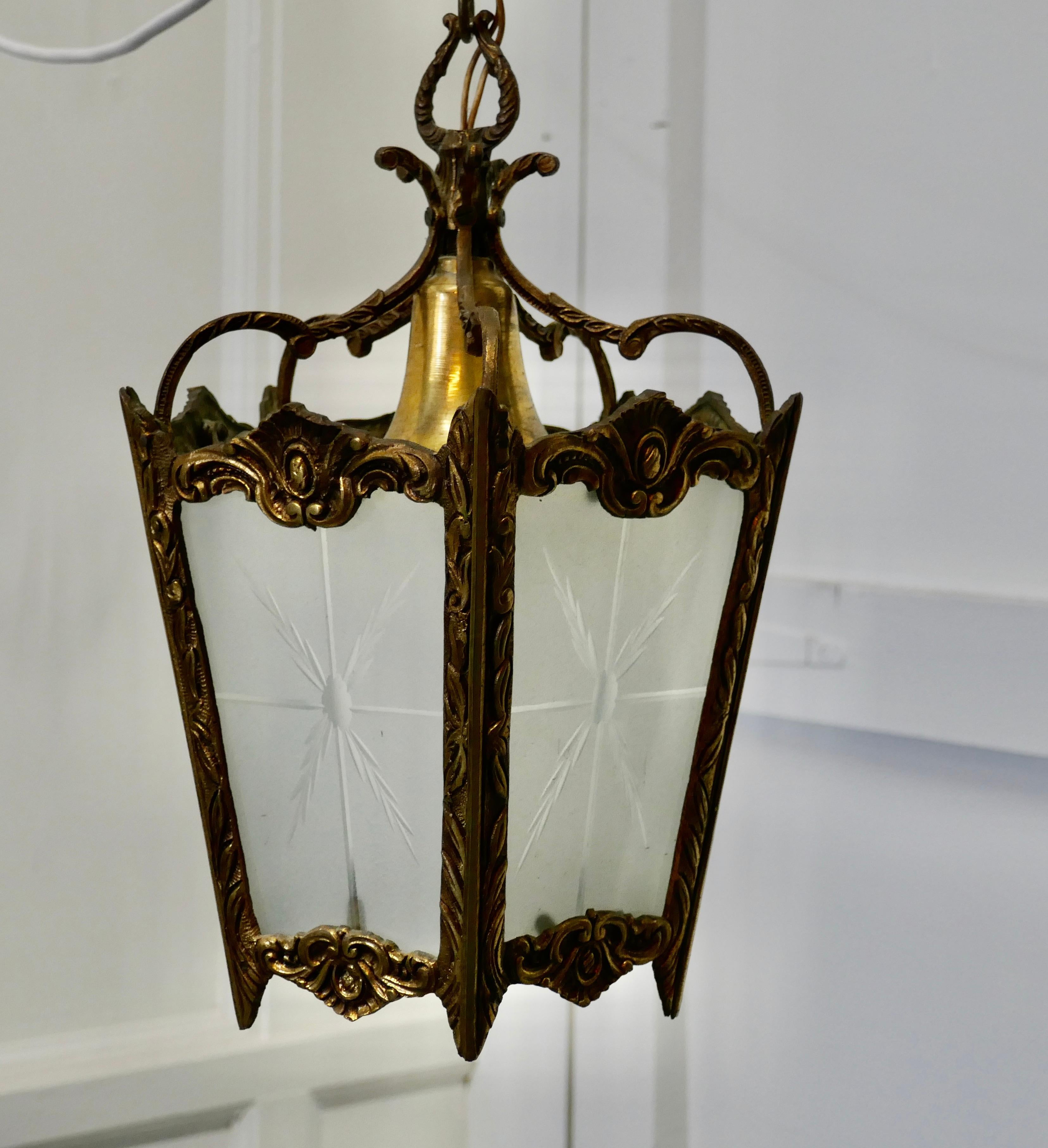 French Brass and Etched Glass Lantern Hall Light 3