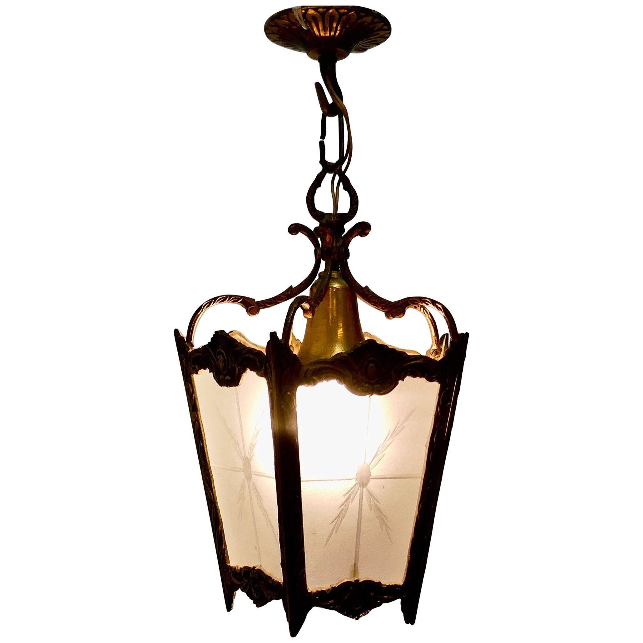 French Brass and Etched Glass Lantern Hall Light