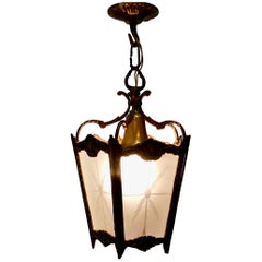 Antique French Brass and Etched Glass Lantern Hall Light