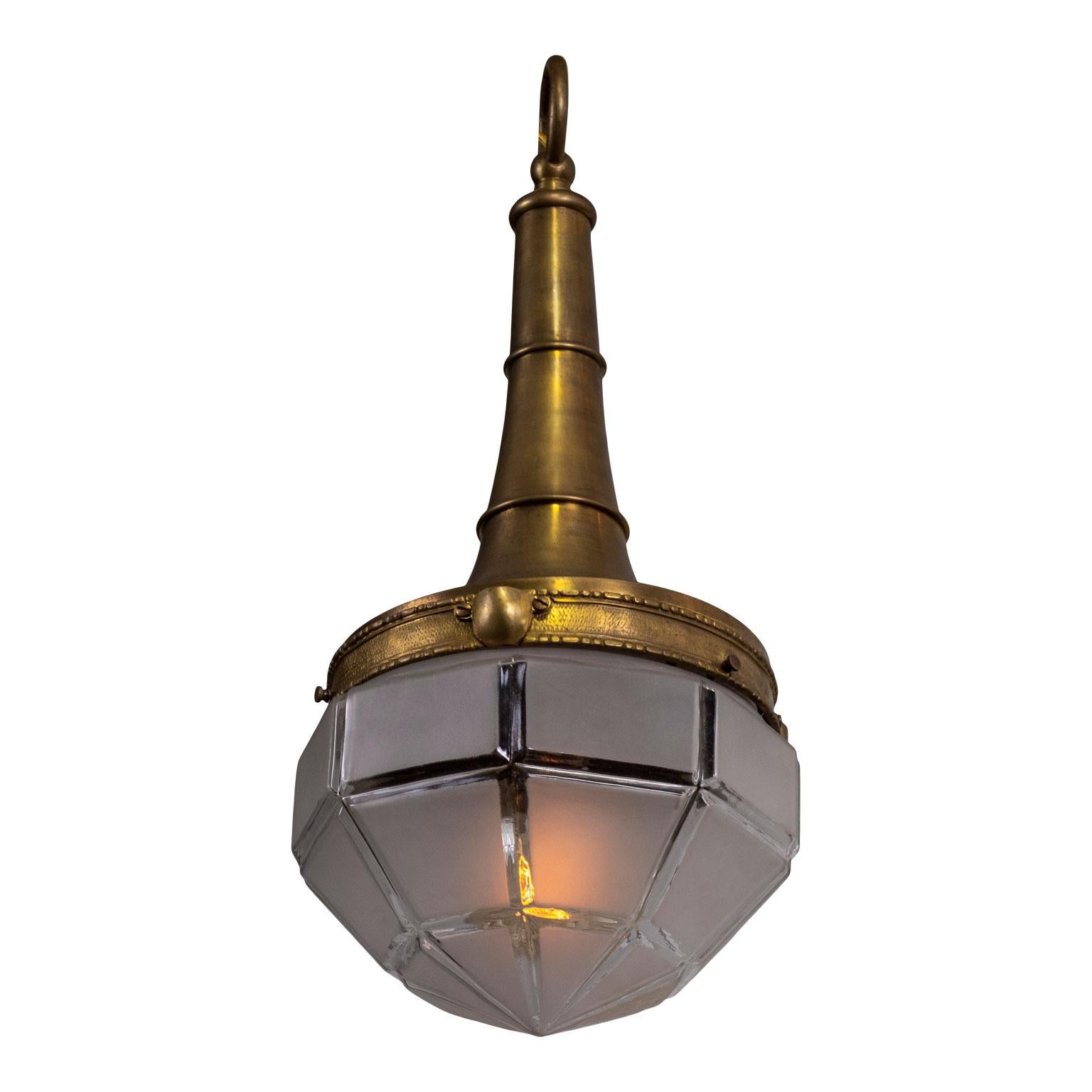 French Brass and Frosted Glass Hall Lantern Pendant In Good Condition In Houston, TX