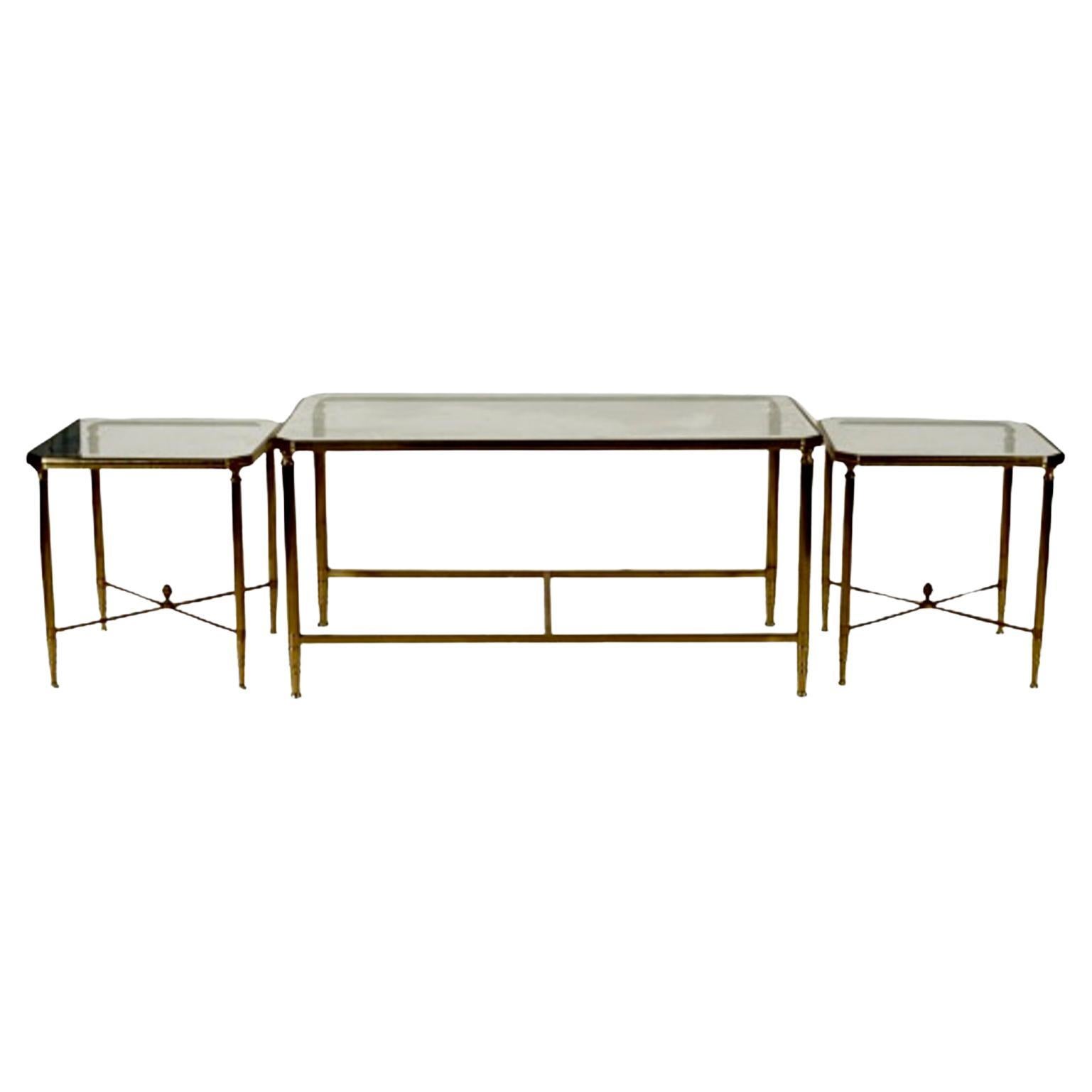 Table basse française en laiton et verre en 3 parties