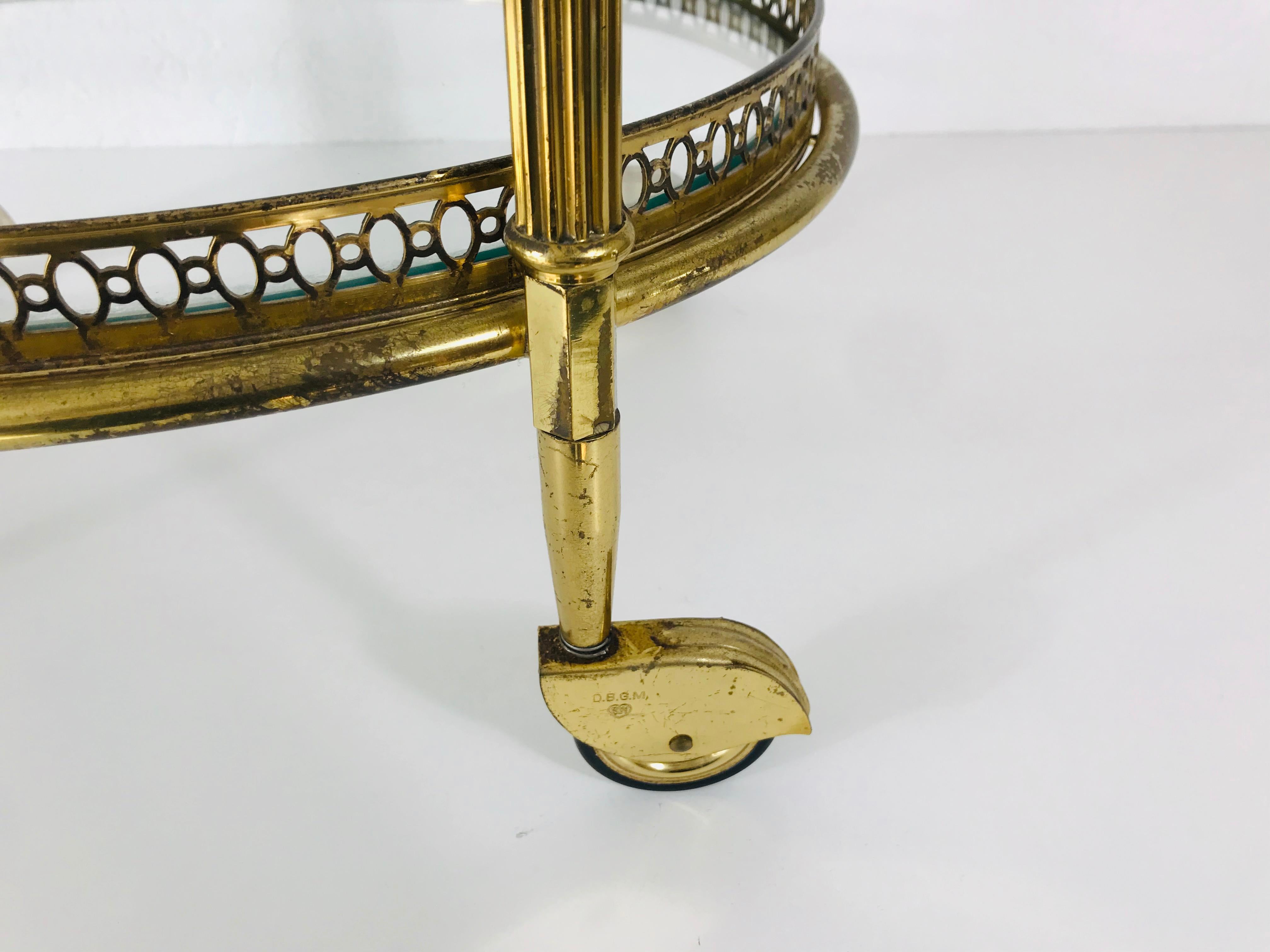 French Brass and Glass Bar Cart, Drink Trolley with Removable Tray, 1950s 6