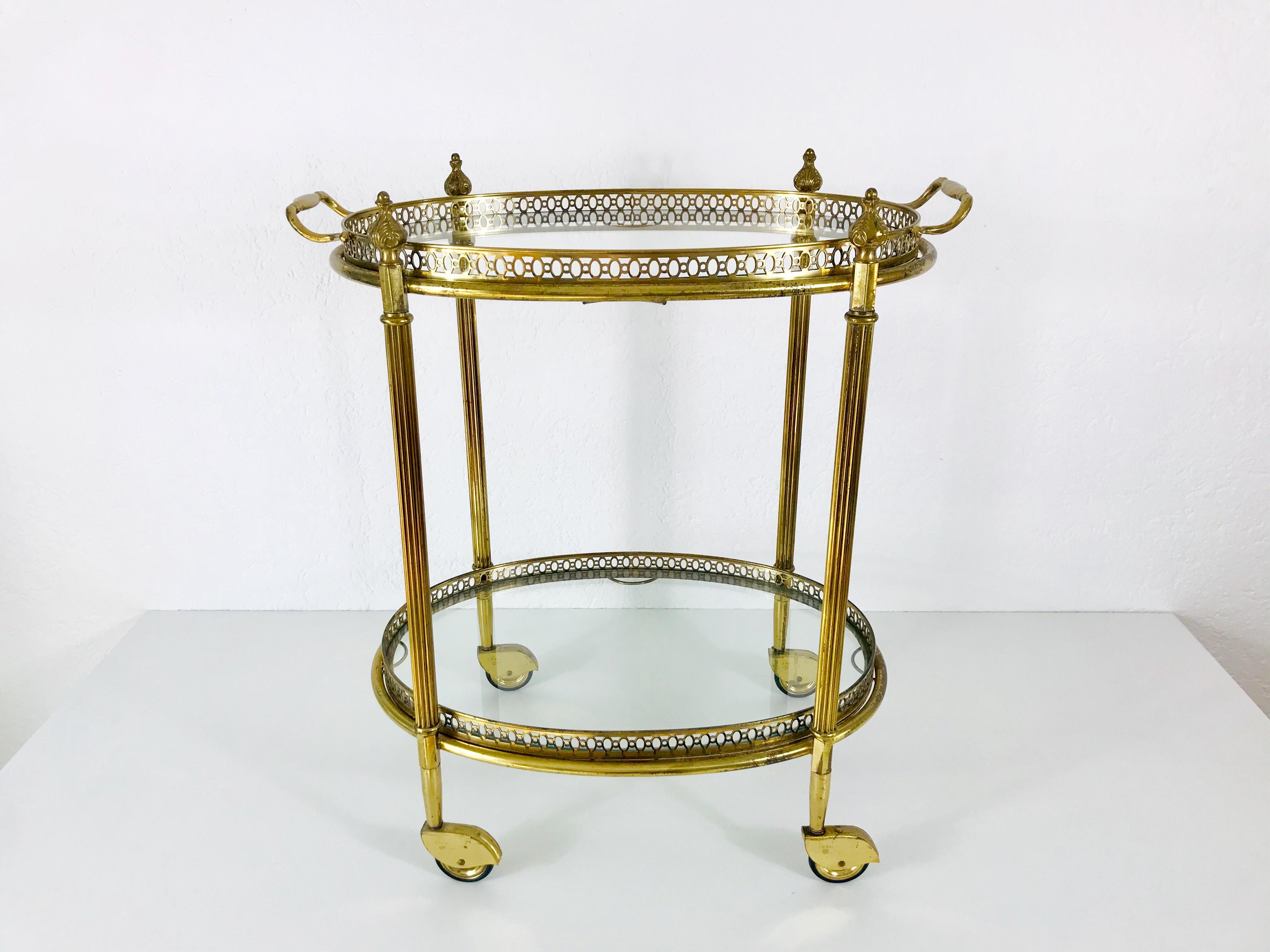 French Brass and Glass Bar Cart, Drink Trolley with Removable Tray, 1950s 7