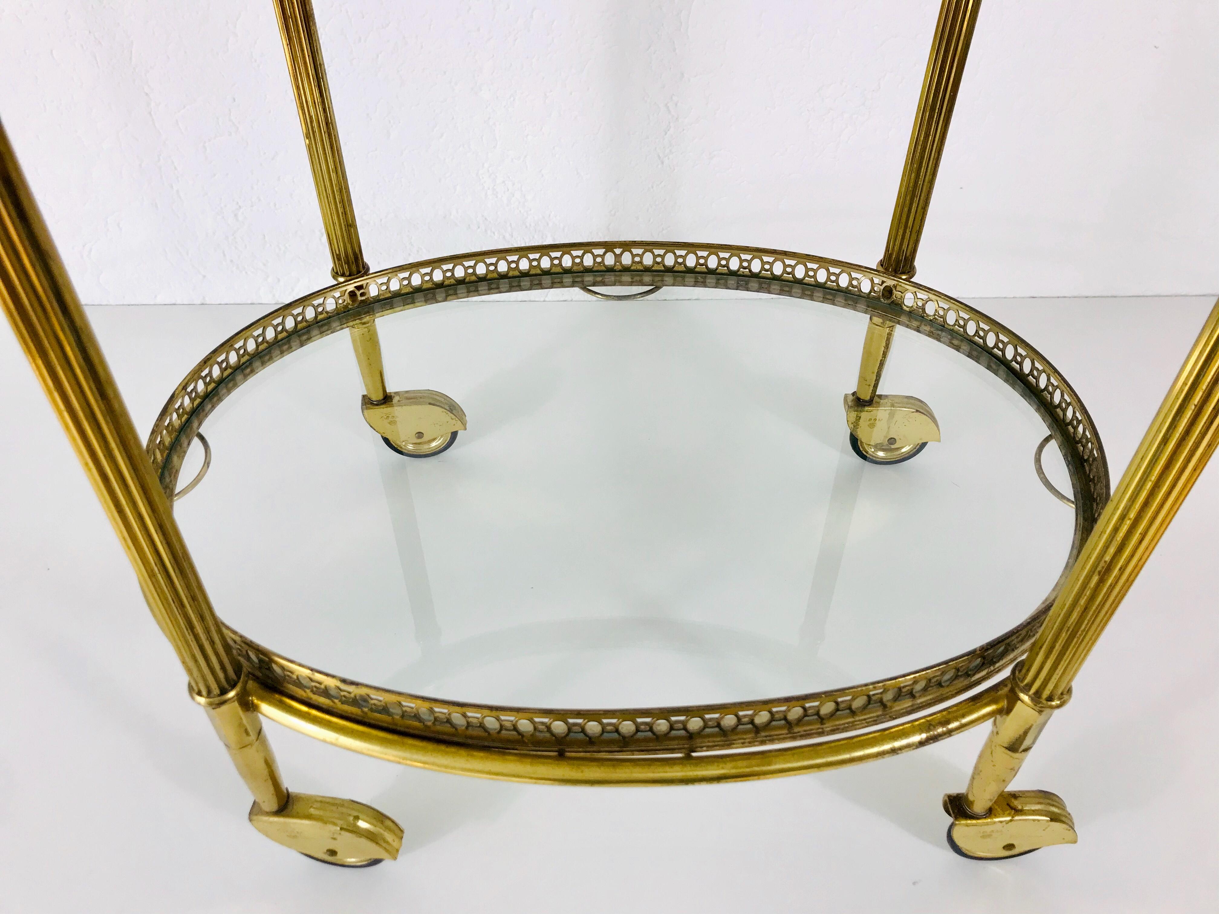French Brass and Glass Bar Cart, Drink Trolley with Removable Tray, 1950s 1