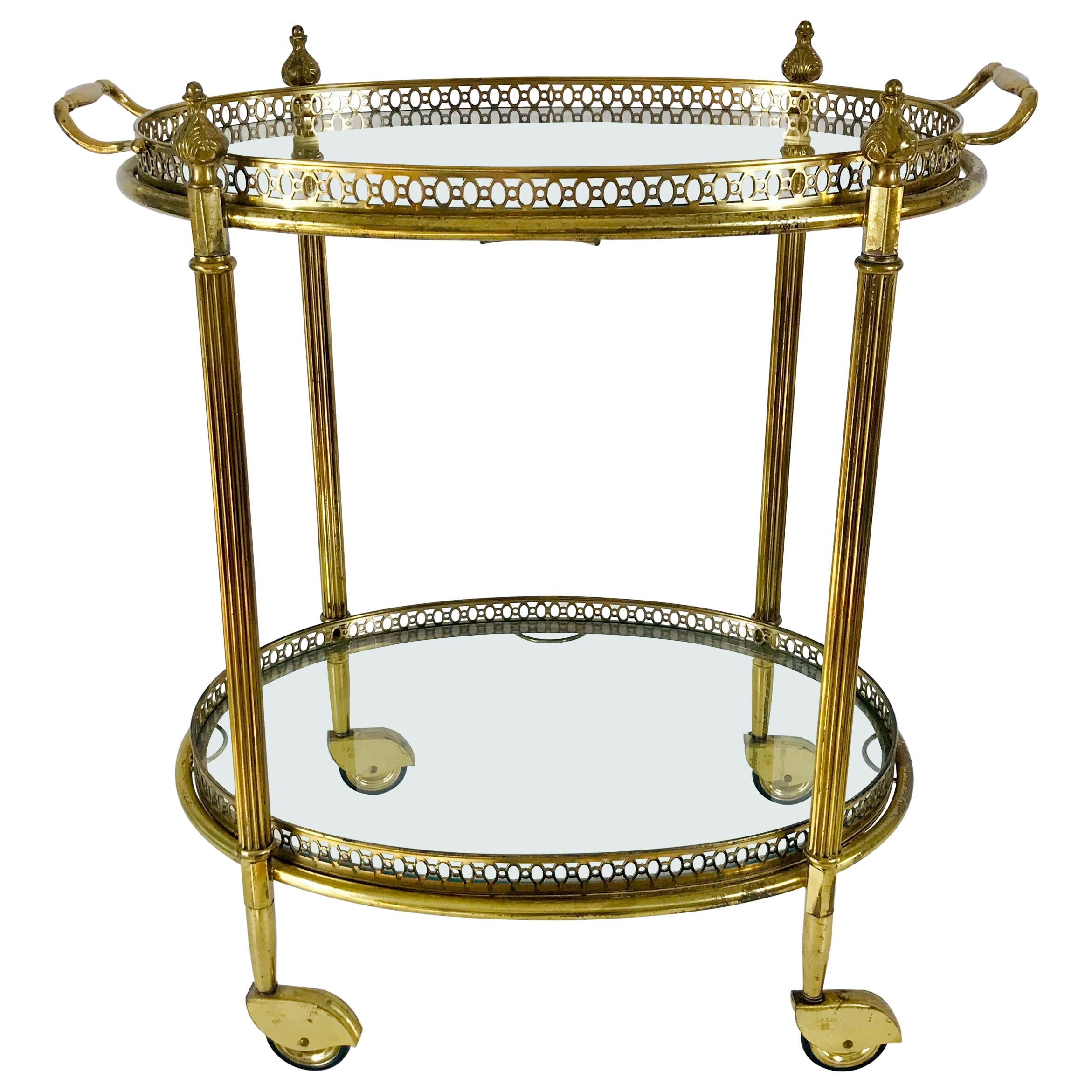 French Brass and Glass Bar Cart, Drink Trolley with Removable Tray, 1950s
