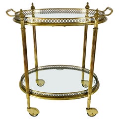 French Brass and Glass Bar Cart, Drink Trolley with Removable Tray, 1950s